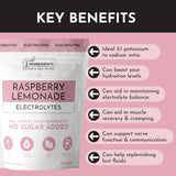 JUST INGREDIENTS verre montrant boisson électrolytes framboise-citron, goût rafraîchissant.