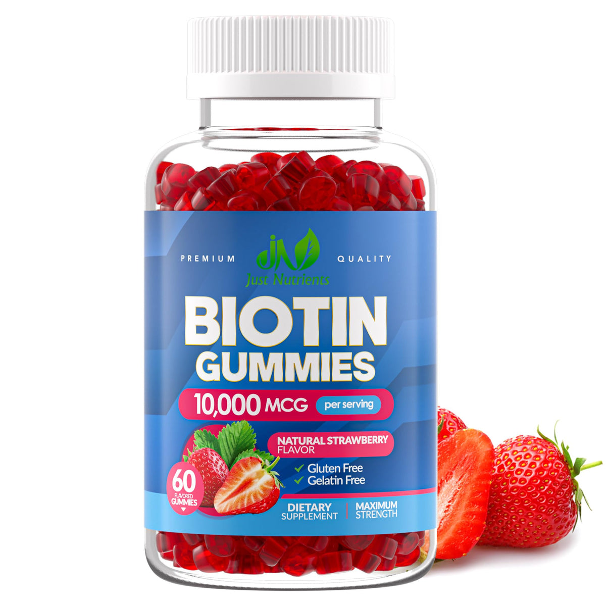 Gommes Biotine Just Nutrients en bouteille, dosage élevé pour cheveux sains et peau lumineuse.