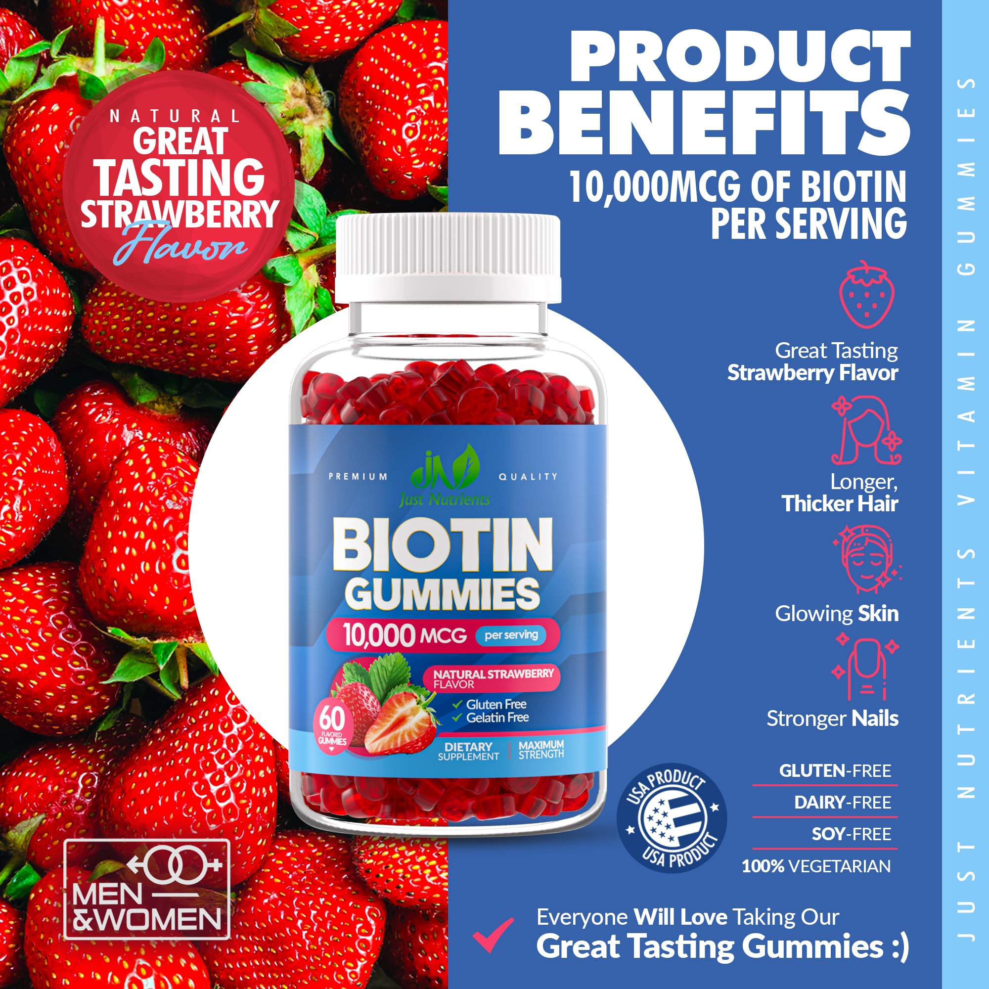 Saveur fraise naturelle Just Nutrients, gommes au goût délicieux pour une routine quotidienne.