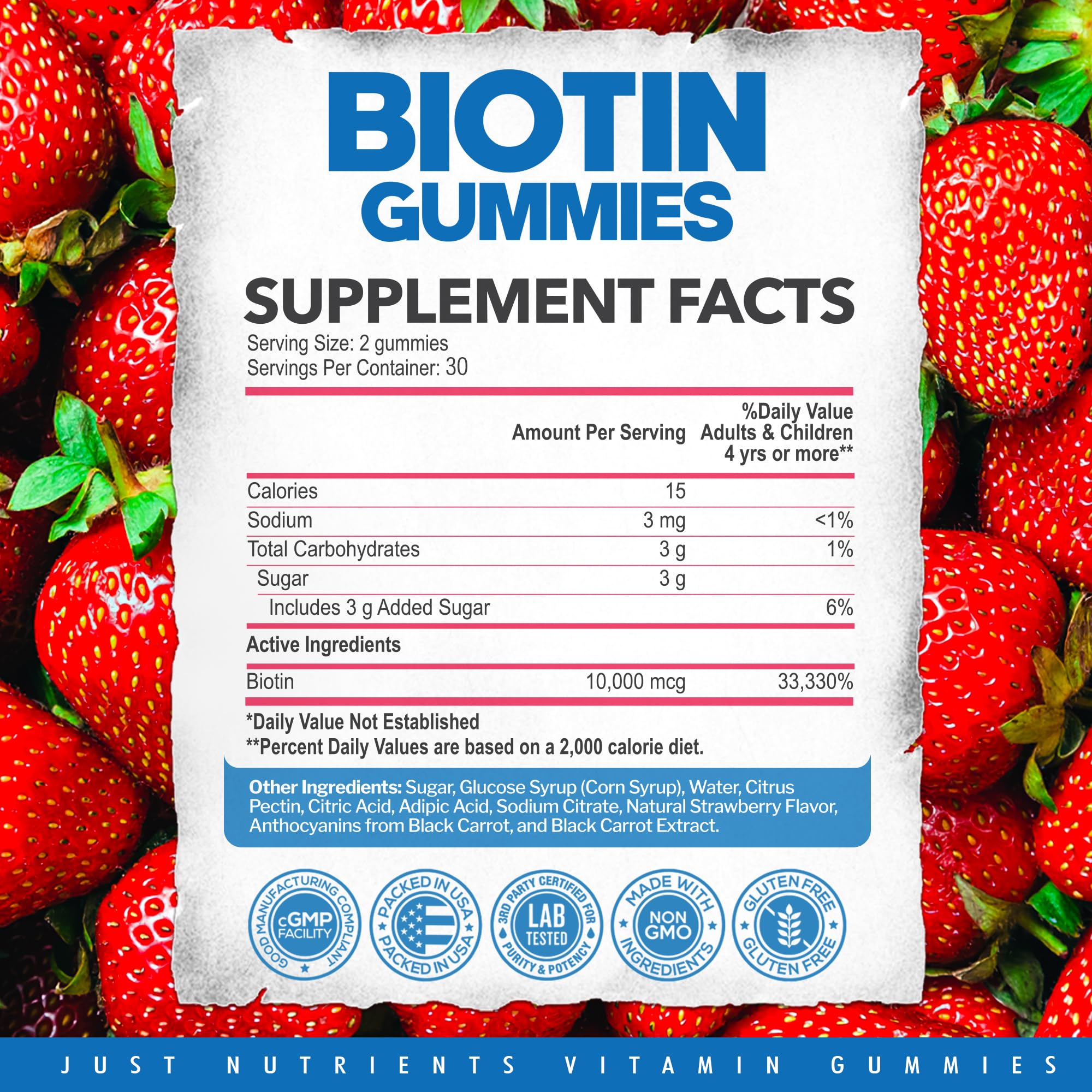 Boîte de 60 gommes Just Nutrients, solution pratique pour routine beauté quotidienne.