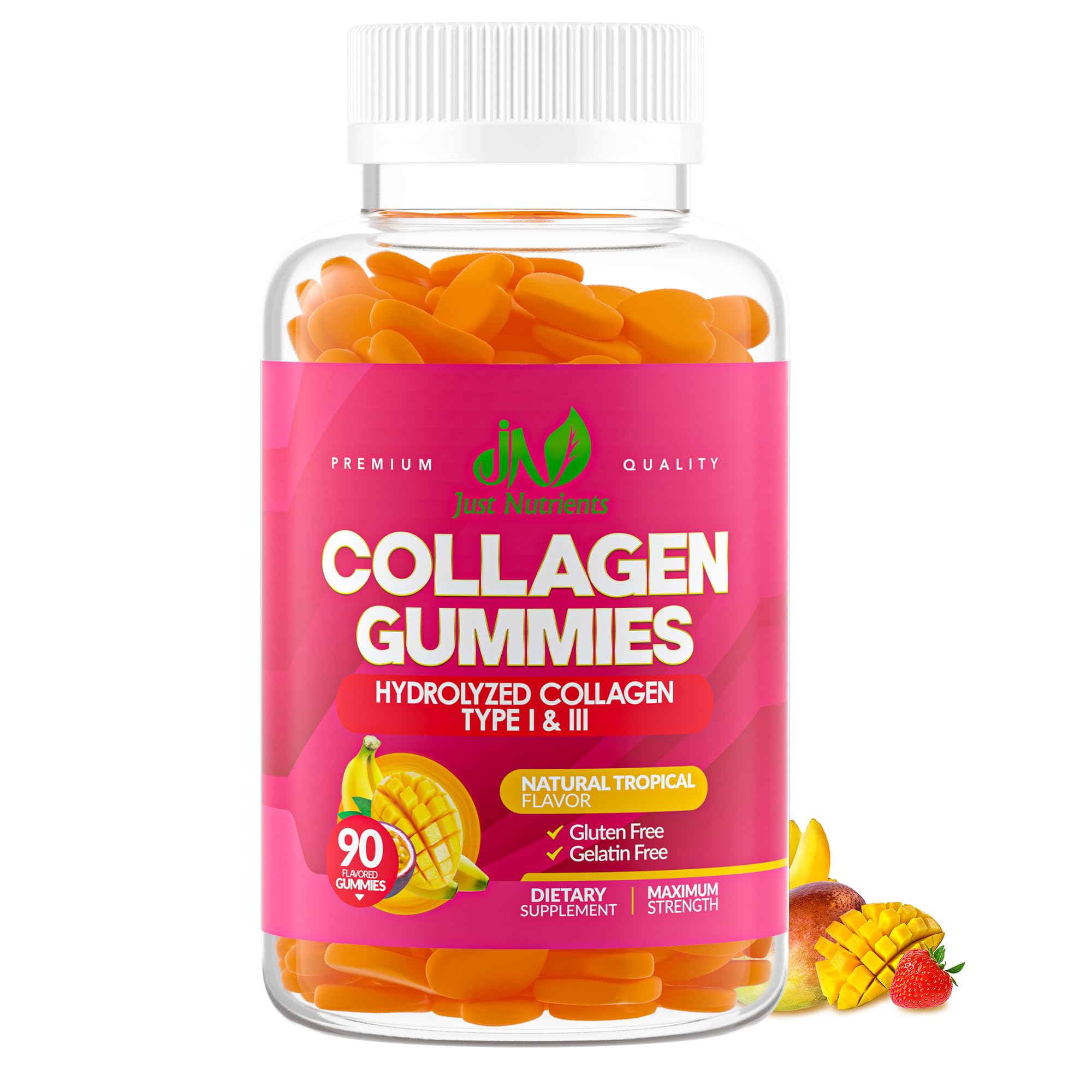 Just Nutrients gommes de collagène – bouteille tropicale, goût agréable et soutien potentiel pour les cheveux