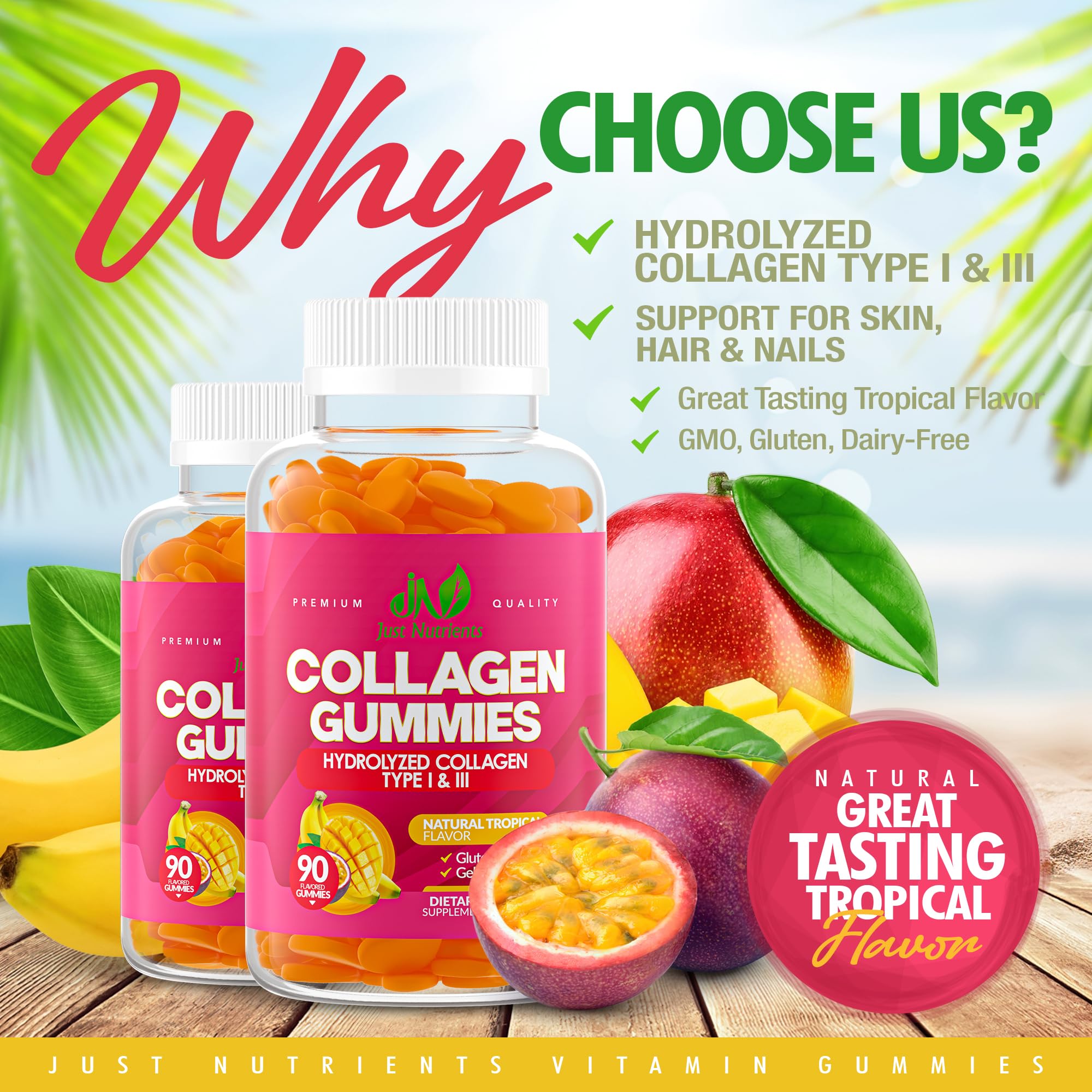 Just Nutrients gommes de collagène – saveur tropicale, prise quotidienne simple et agréable