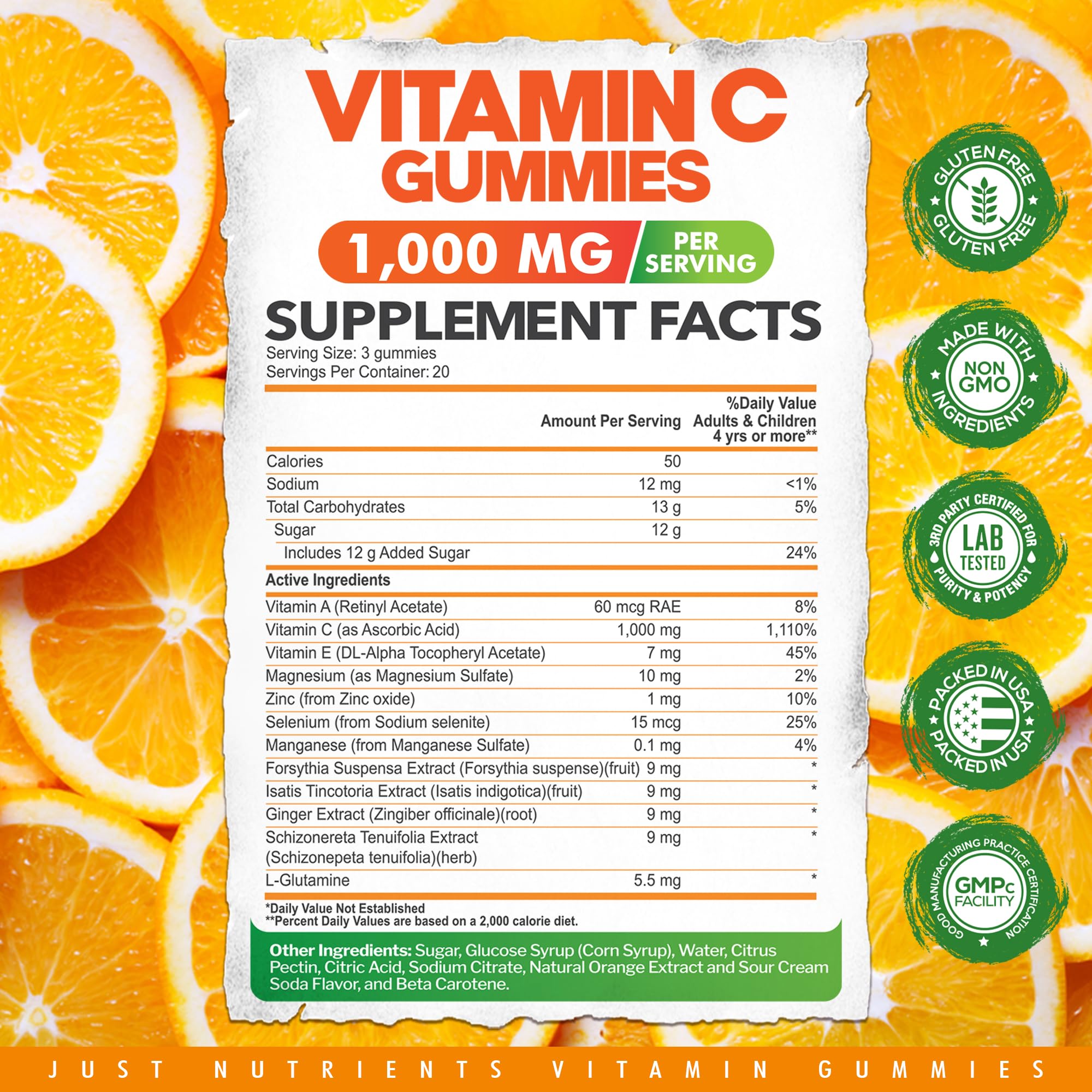 Just Nutrients gommes vitamine C 1000mg – mise en évidence du zinc et du soutien immunitaire
