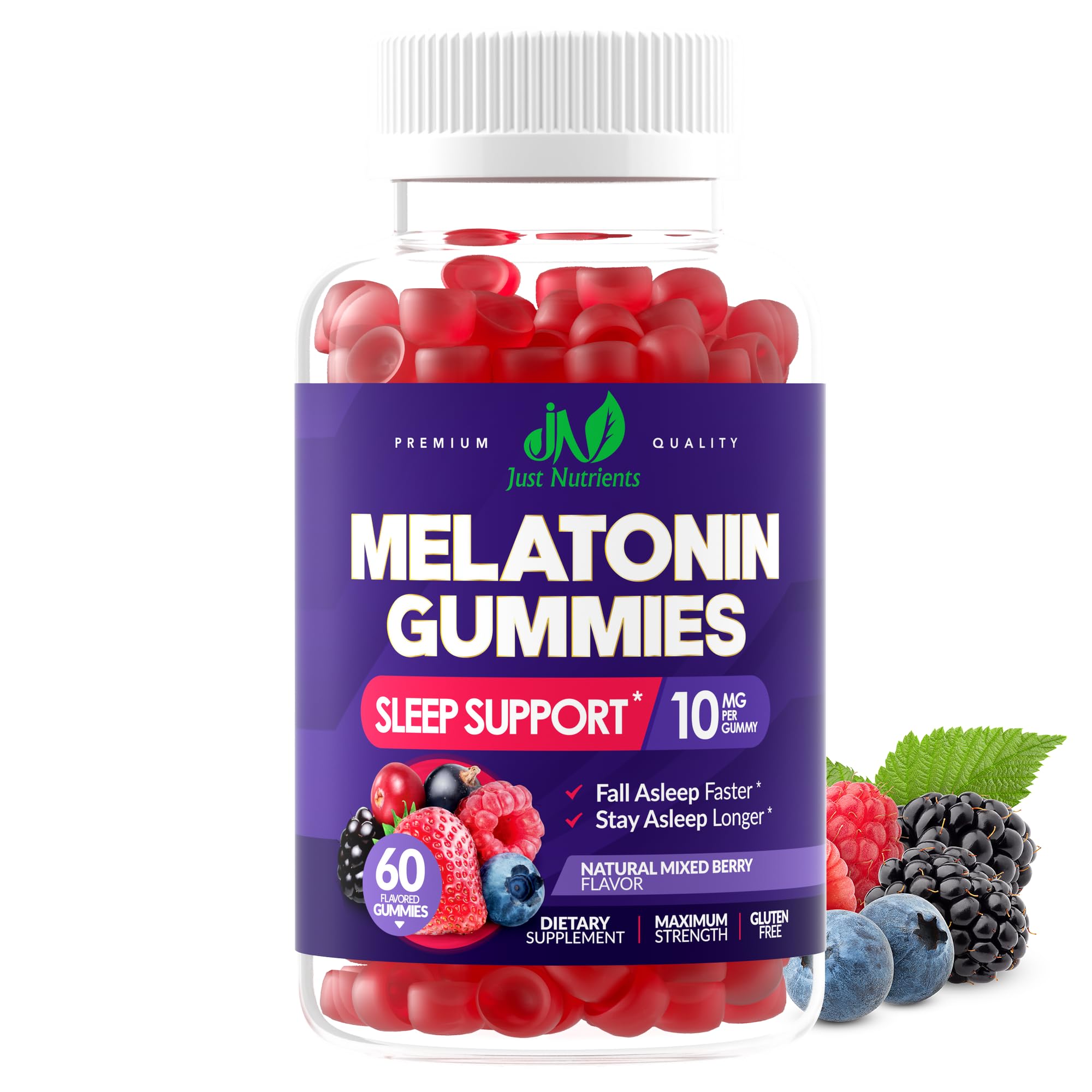 Just Nutrients Mélatonine Gommes 10 mg — bouteille prête pour le soir, pratique et facile à consommer