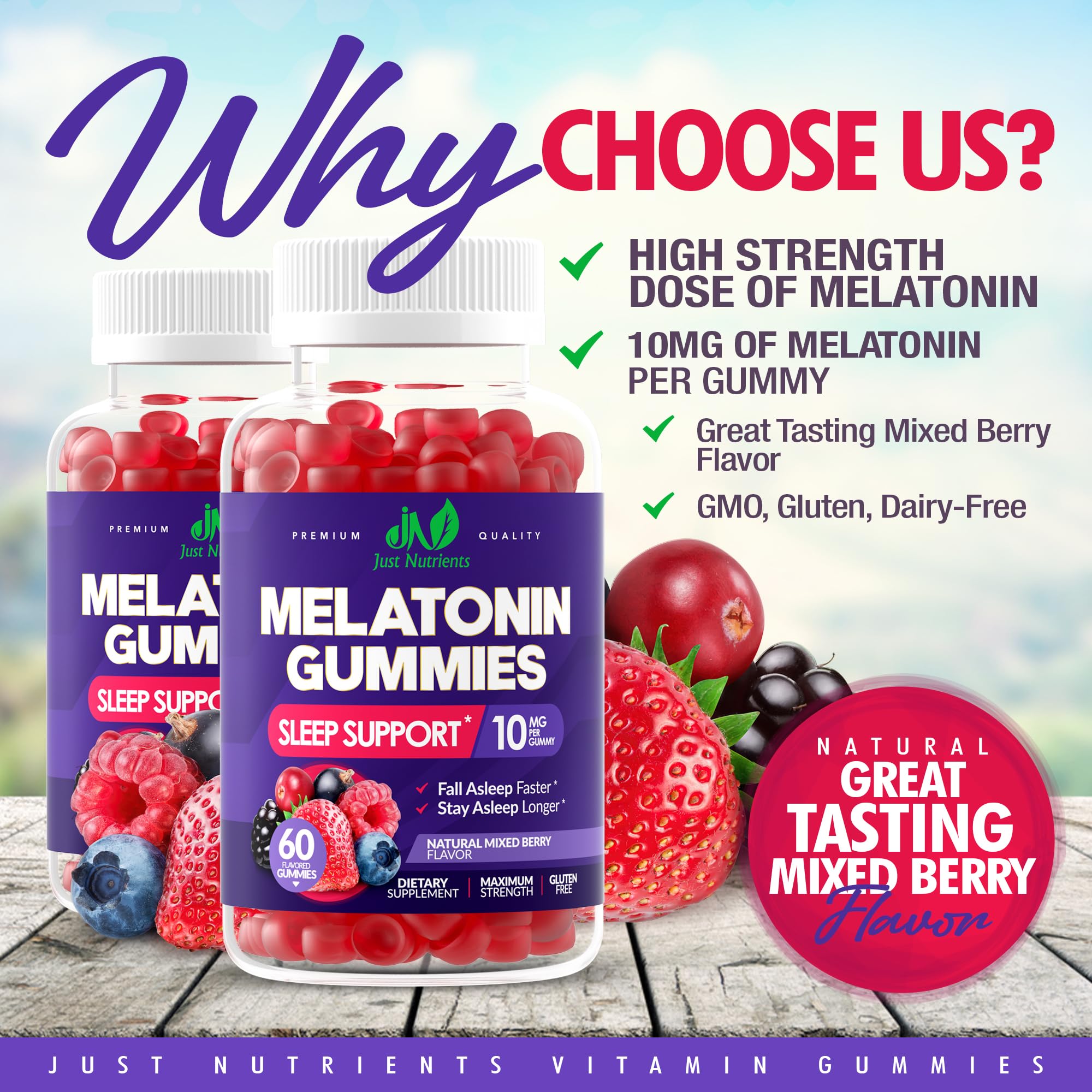 Just Nutrients Mélatonine Gommes 10 mg — gomme rouge saveur fruits, plaisir de prendre le soir