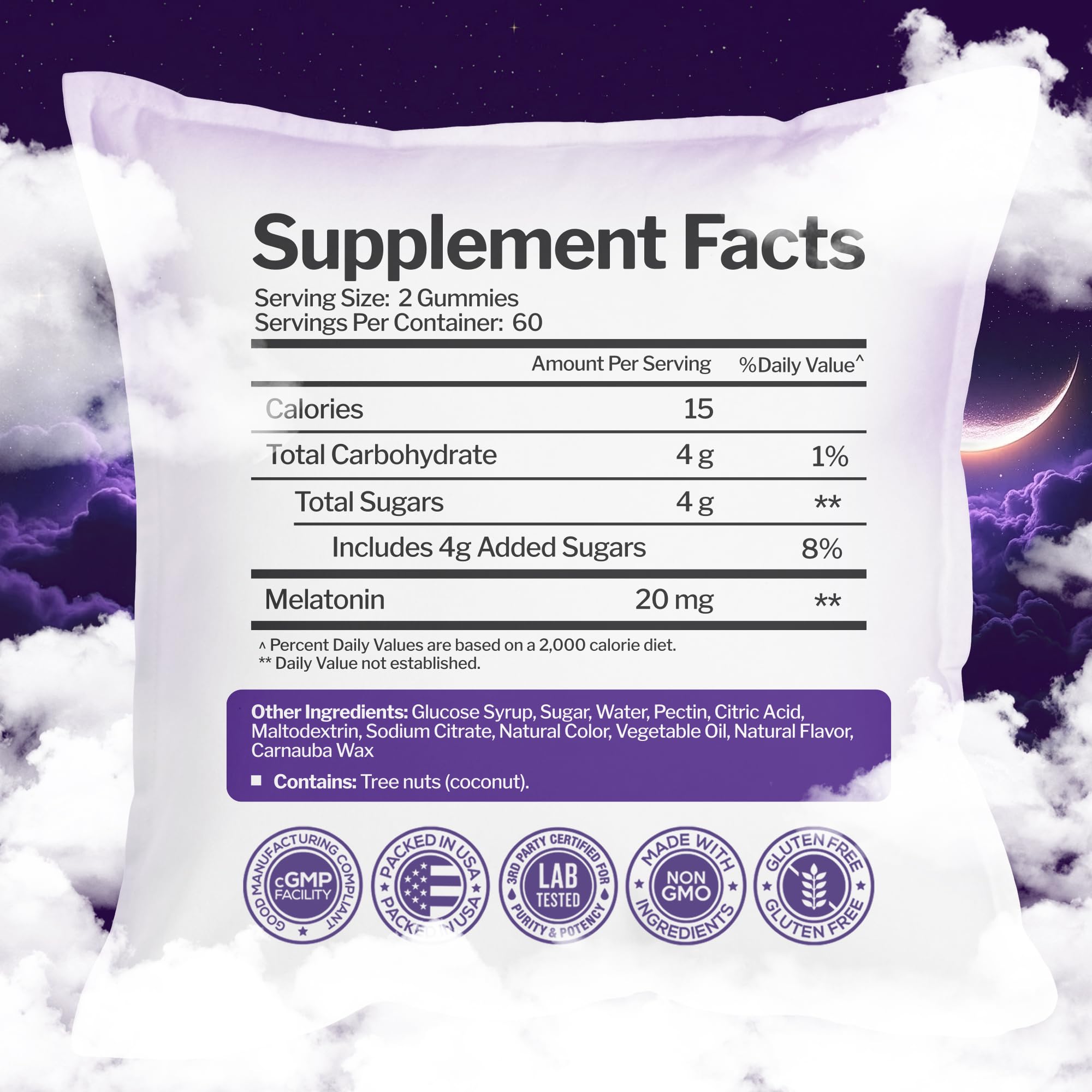 Emballage Just Nutrients Mélatonine Gummies sans gluten et végétarien