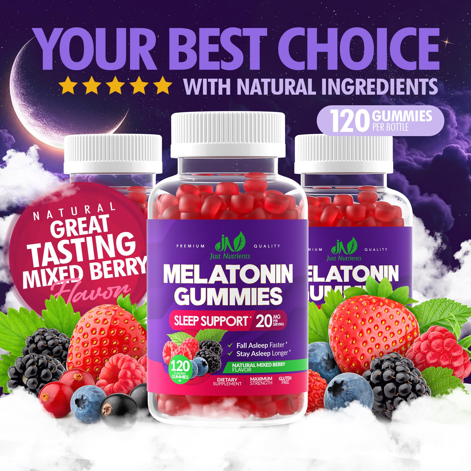 Gommes à la mélatonine Just Nutrients montrant leur saveur fruitée naturelle