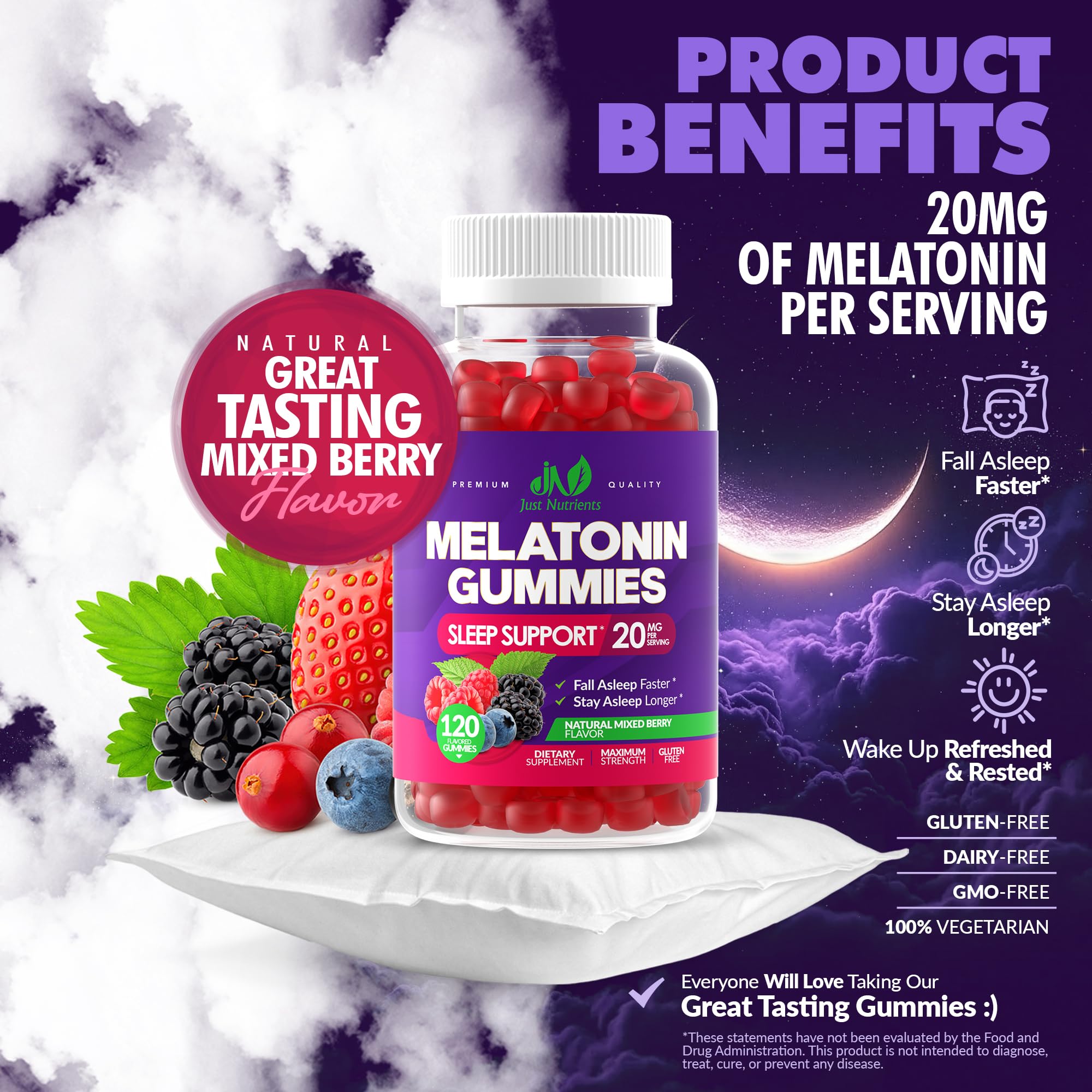 Étiquette indiquant 20 mg de mélatonine par gomme Just Nutrients