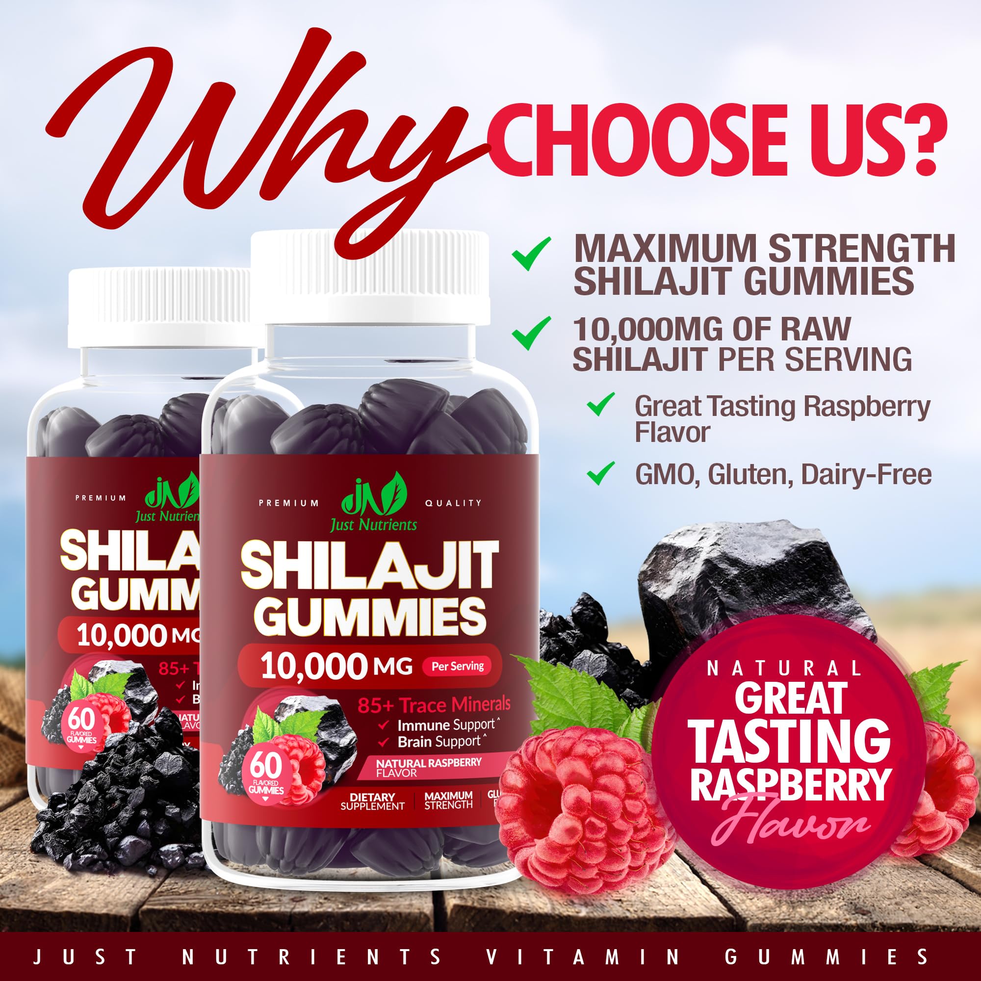 Just Nutrients Shilajit Gomme framboise rouges, goût naturel et plaisir quotidien.