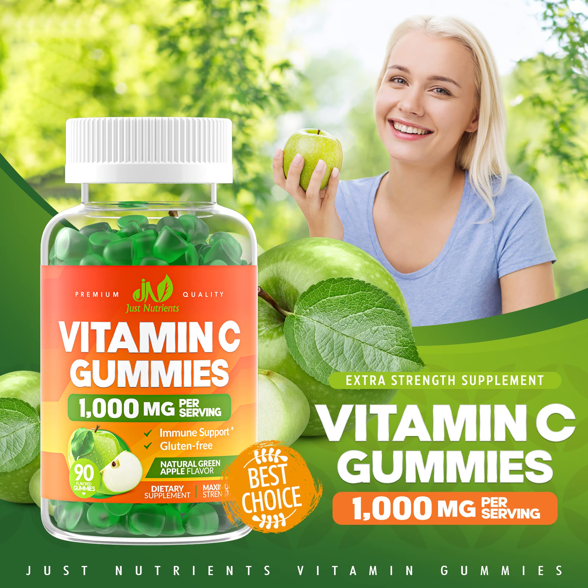 Just Nutrients vitamine C 1000 mg gommes, boîte de 90 gommes pour environ un mois