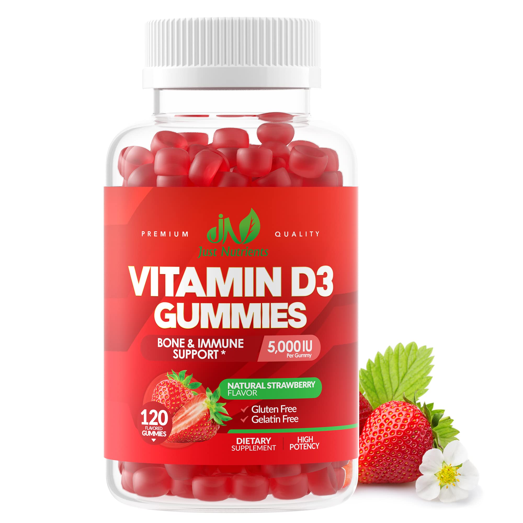 Just Nutrients Vitamine D3 – bouteille de gommes, apport quotidien pratique pour la famille.