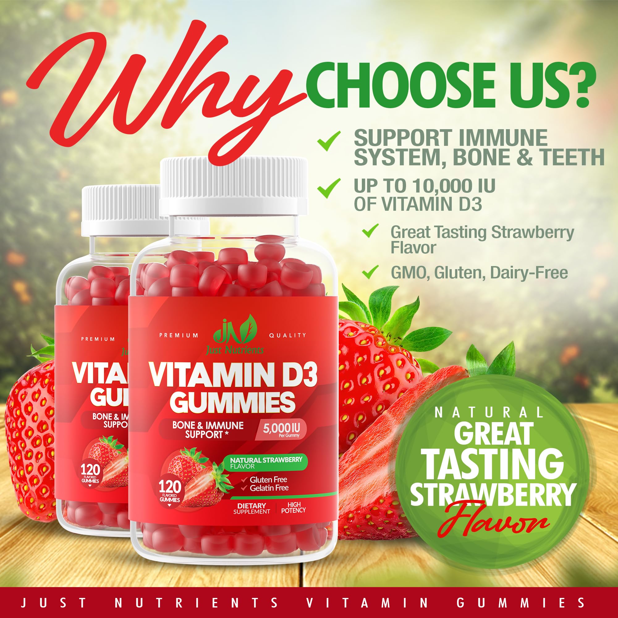 Just Nutrients Vitamine D3 – gommes saveur fraise pour une prise quotidienne agréable.