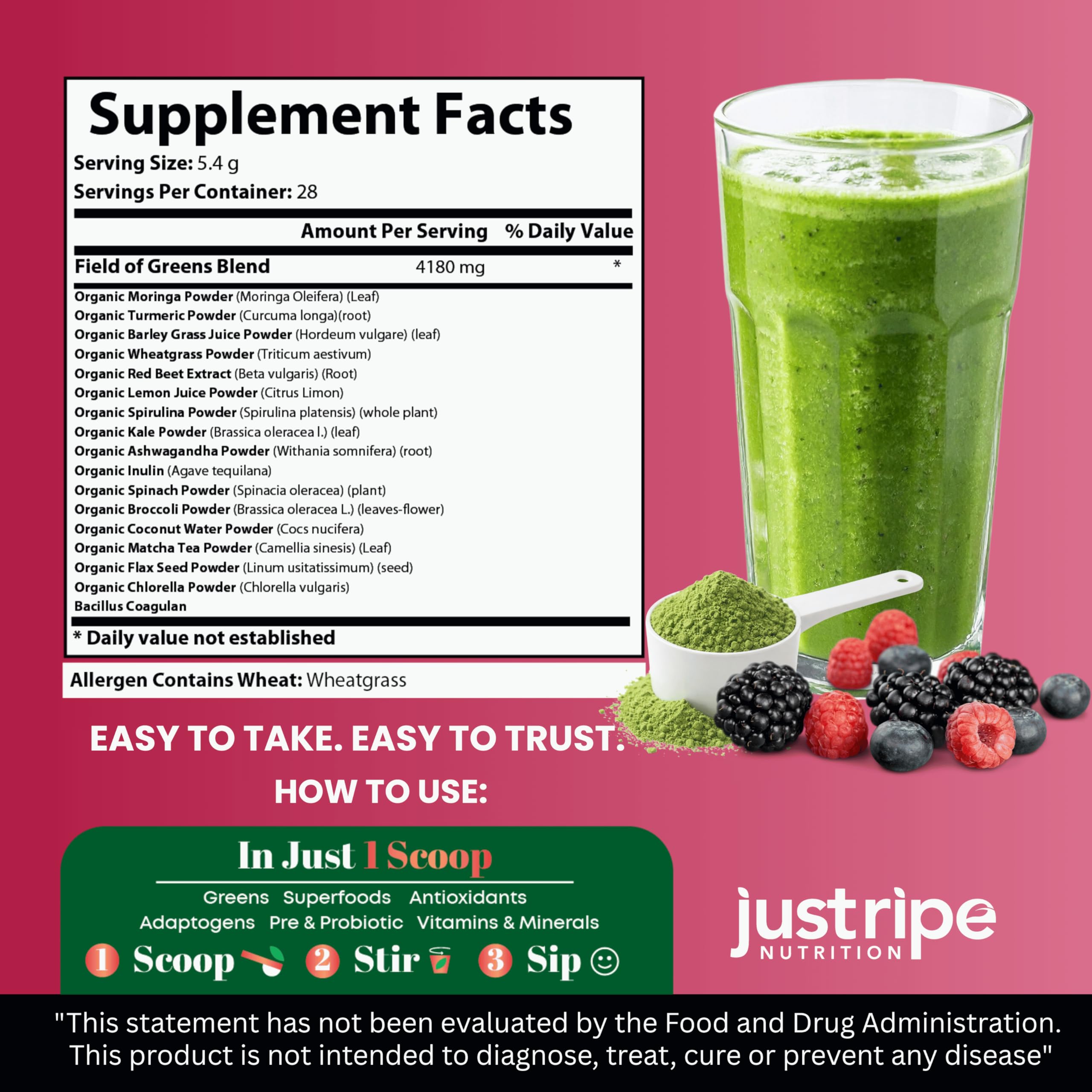 Just Ripe Field of Greens – Doseur 28 mesures, pratique pour la routine quotidienne.