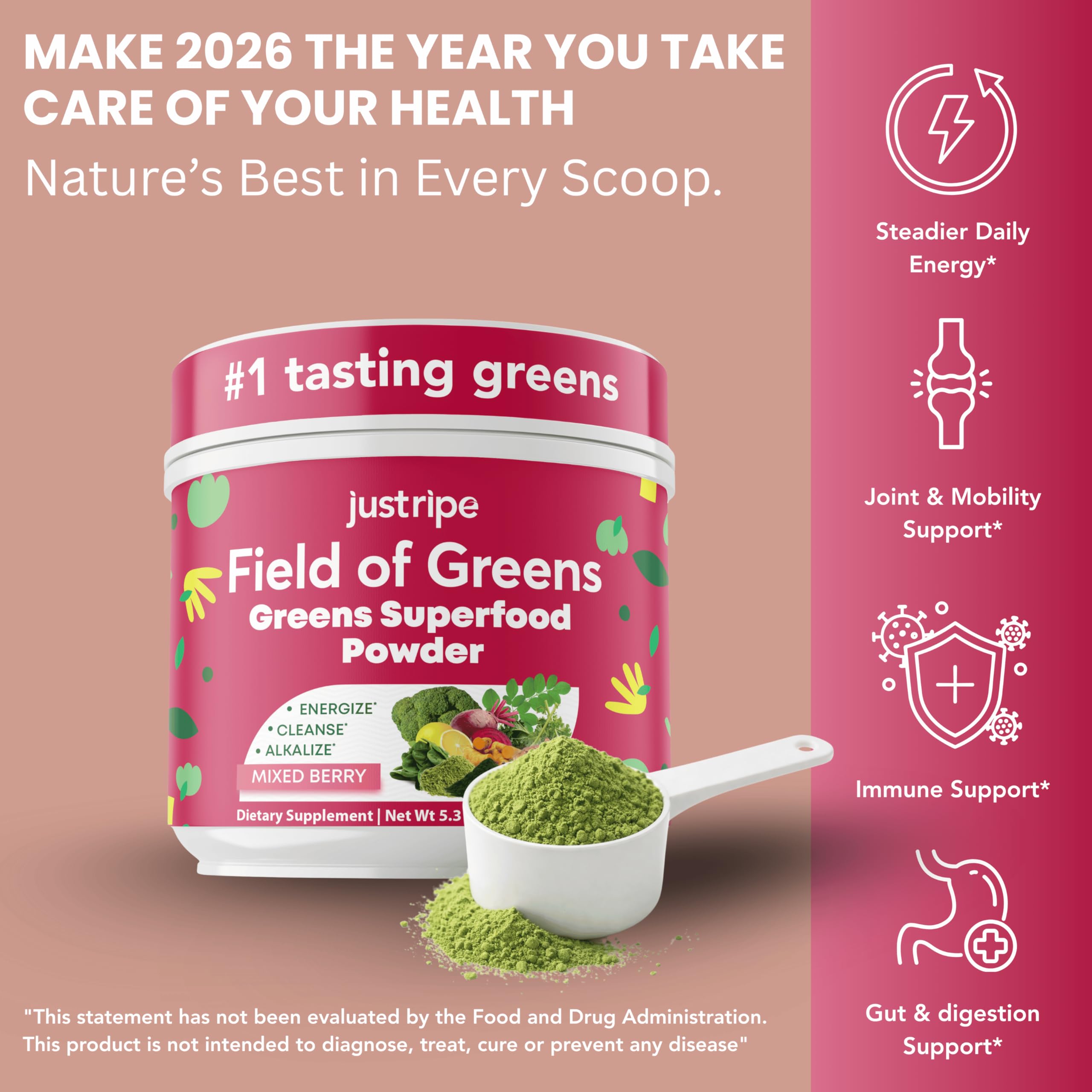 Just Ripe Field of Greens – Soutien digestif potentiel grâce aux légumes et fruits.
