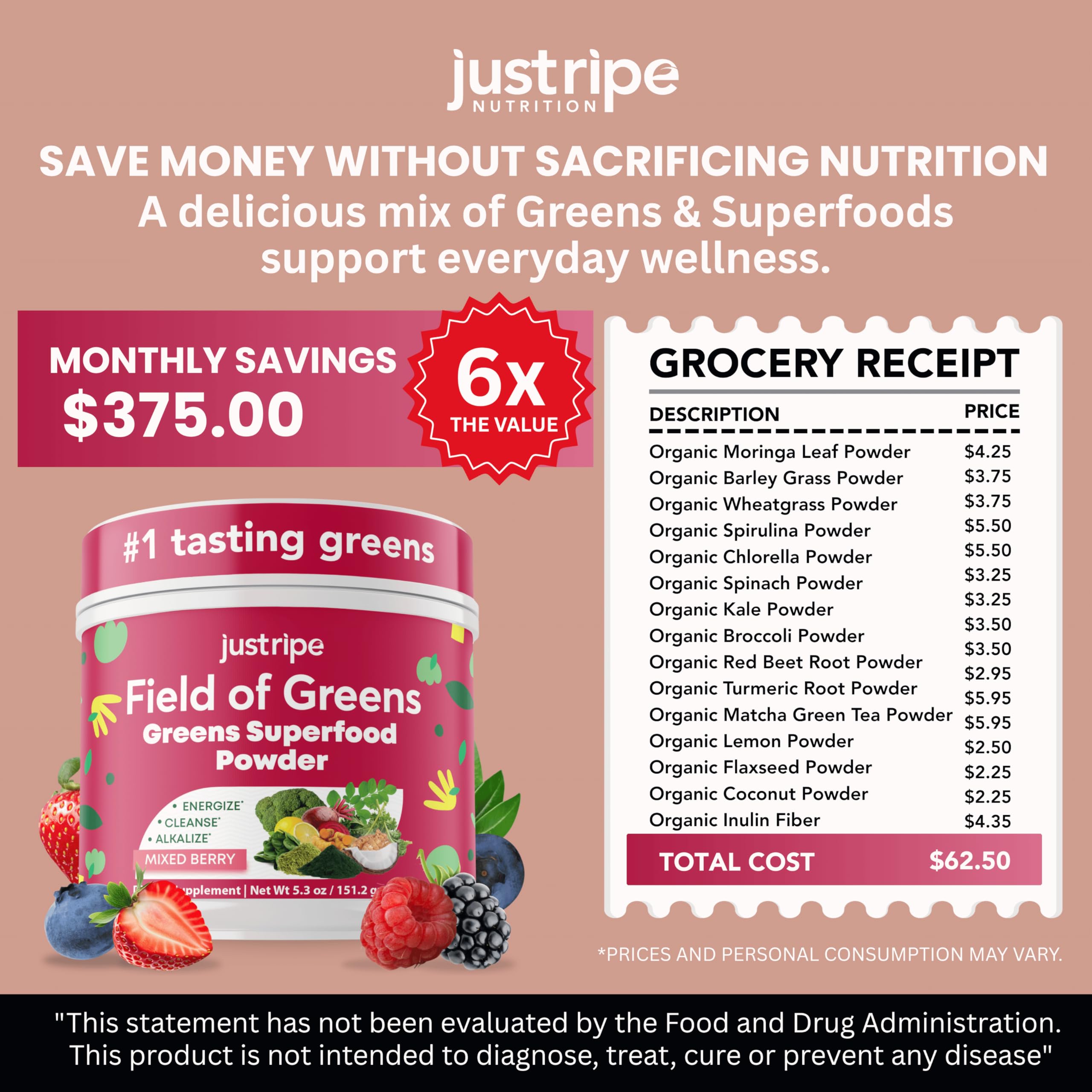 Just Ripe Field of Greens – Mélange bio avec moringa et spiruline pour l’apport quotidien.