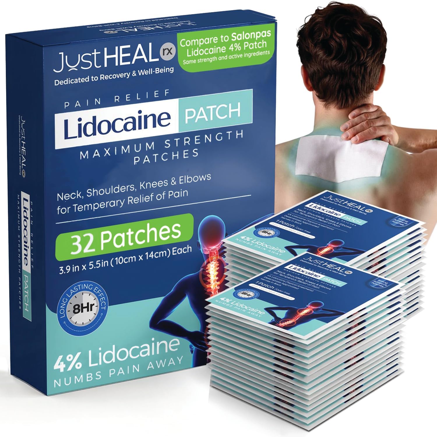 JustHeal RX pansement lidocaïne-dos pour soulagement rapide.
