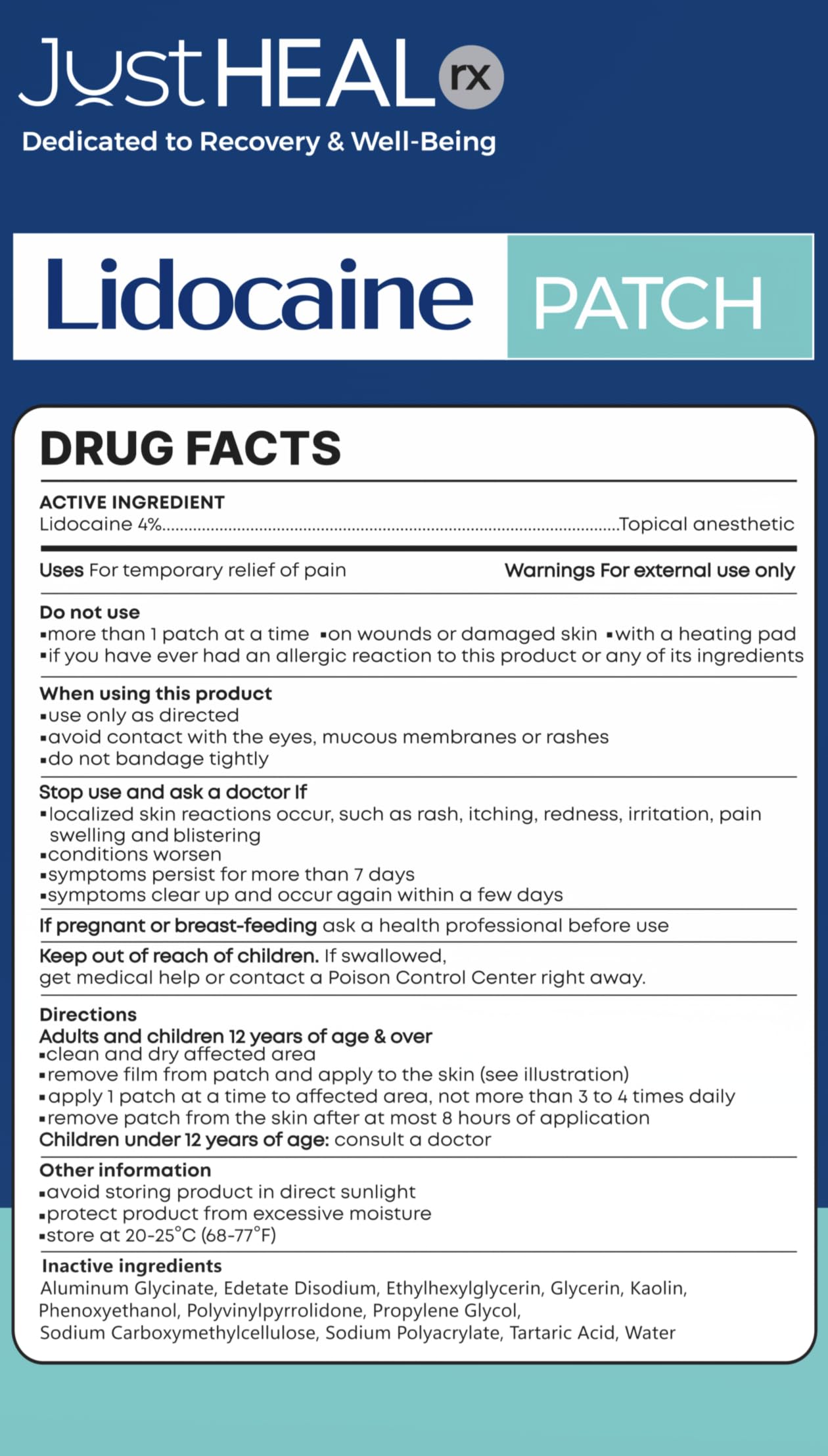 JustHeal RX pansement lidocaïne-douleur-musculaire ciblant les muscles fatigués.