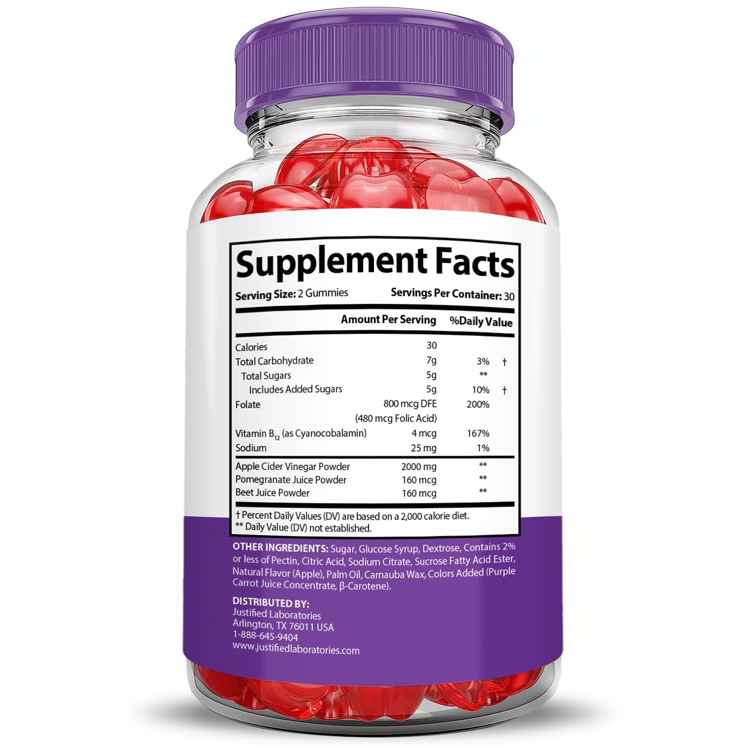 Ingrédients clés visibles sur les gommes Ultra Quick Keto ACV Justified Laboratoires.