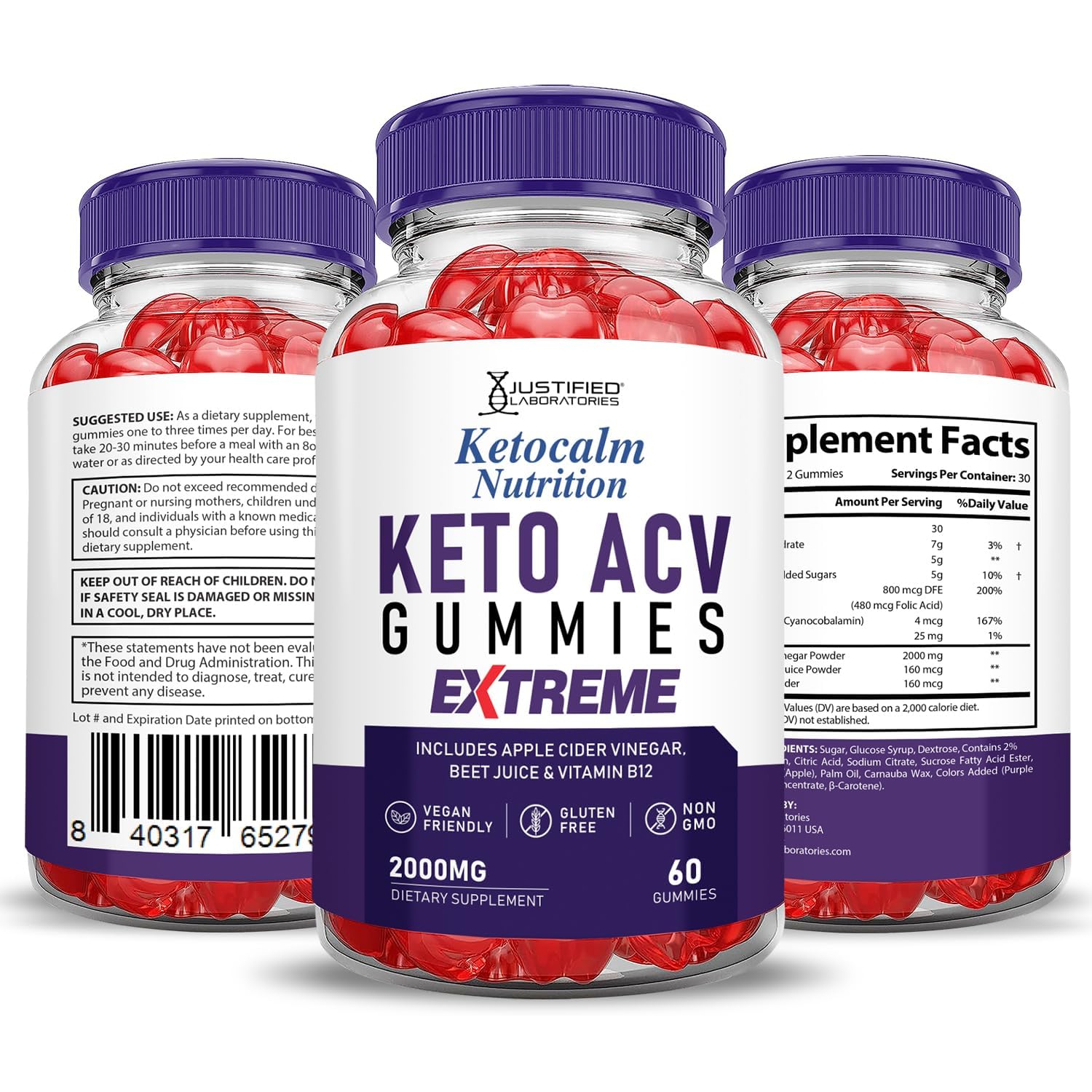 Étiquette végan et sans OGM sur les gommes Ketocalm Justified Laboratories.