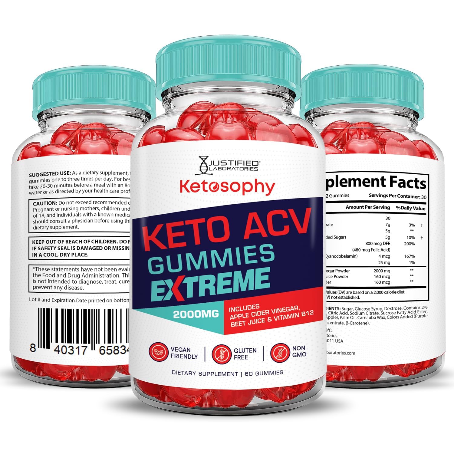 Justified Laboratories Ketosophy Gummies Extreme – certifications vegan et sans OGM garantissant qualité et transparence.