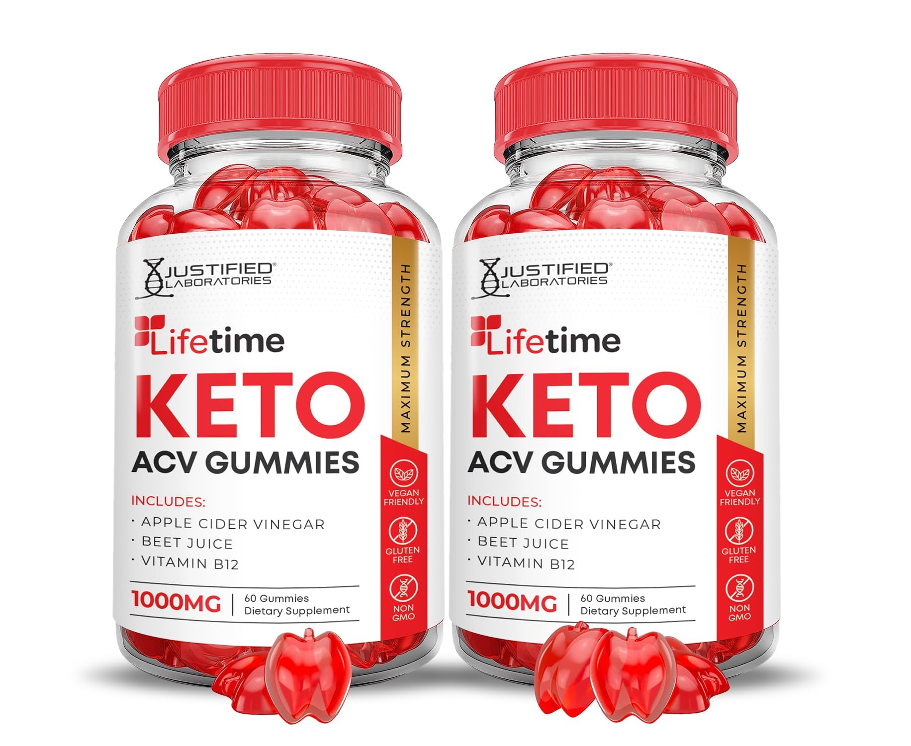 Justified Laboratories Lifetime Keto ACV Gummies dans une bouteille, collation pratique et saine.
