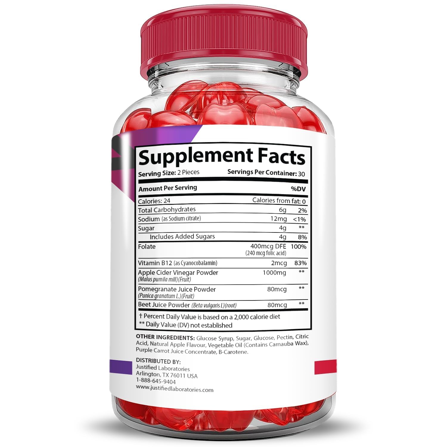 Justified Laboratories Premier Keto ACV Gummies bouteille ouverte, ingestion rapide