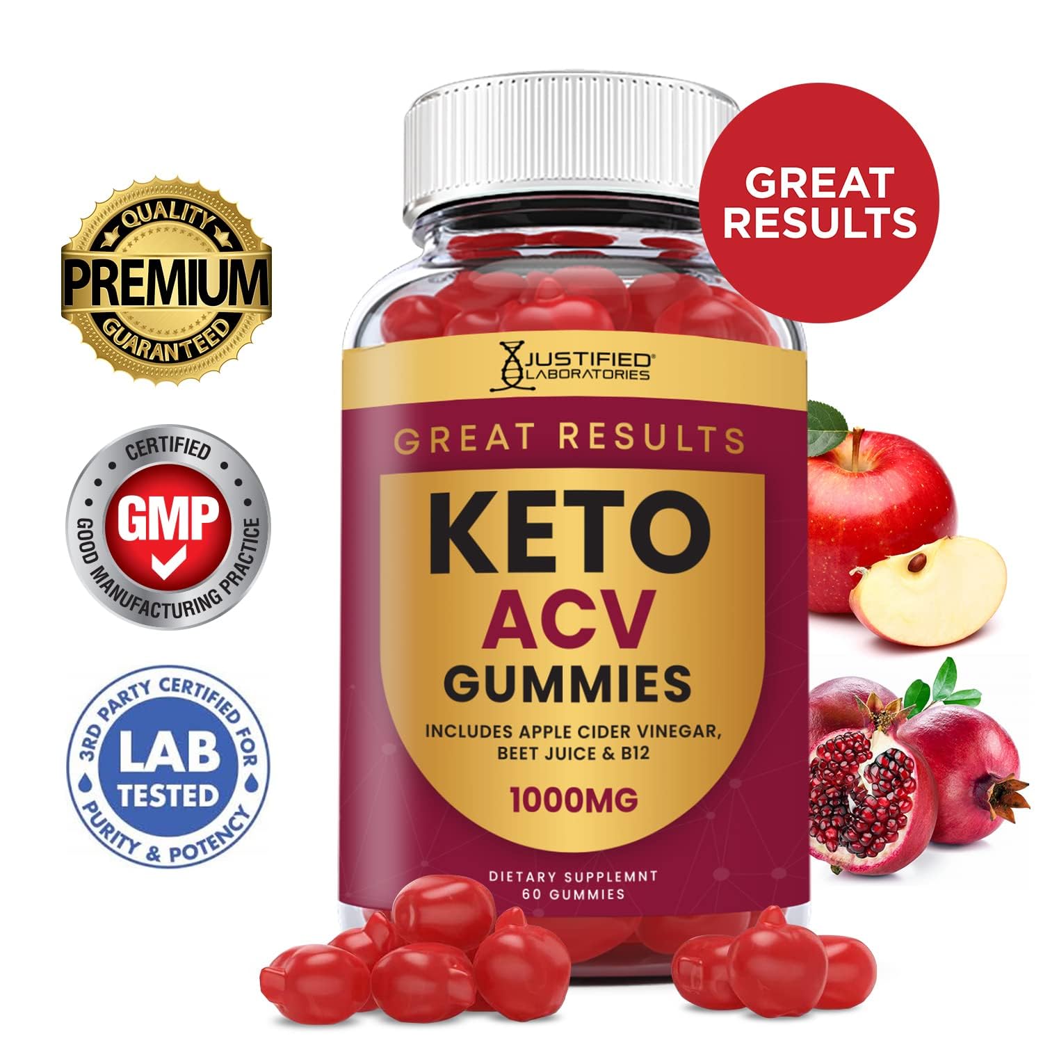 Justified Laboratories Great Results Keto ACV, étiquette visible, découverte des ingrédients.