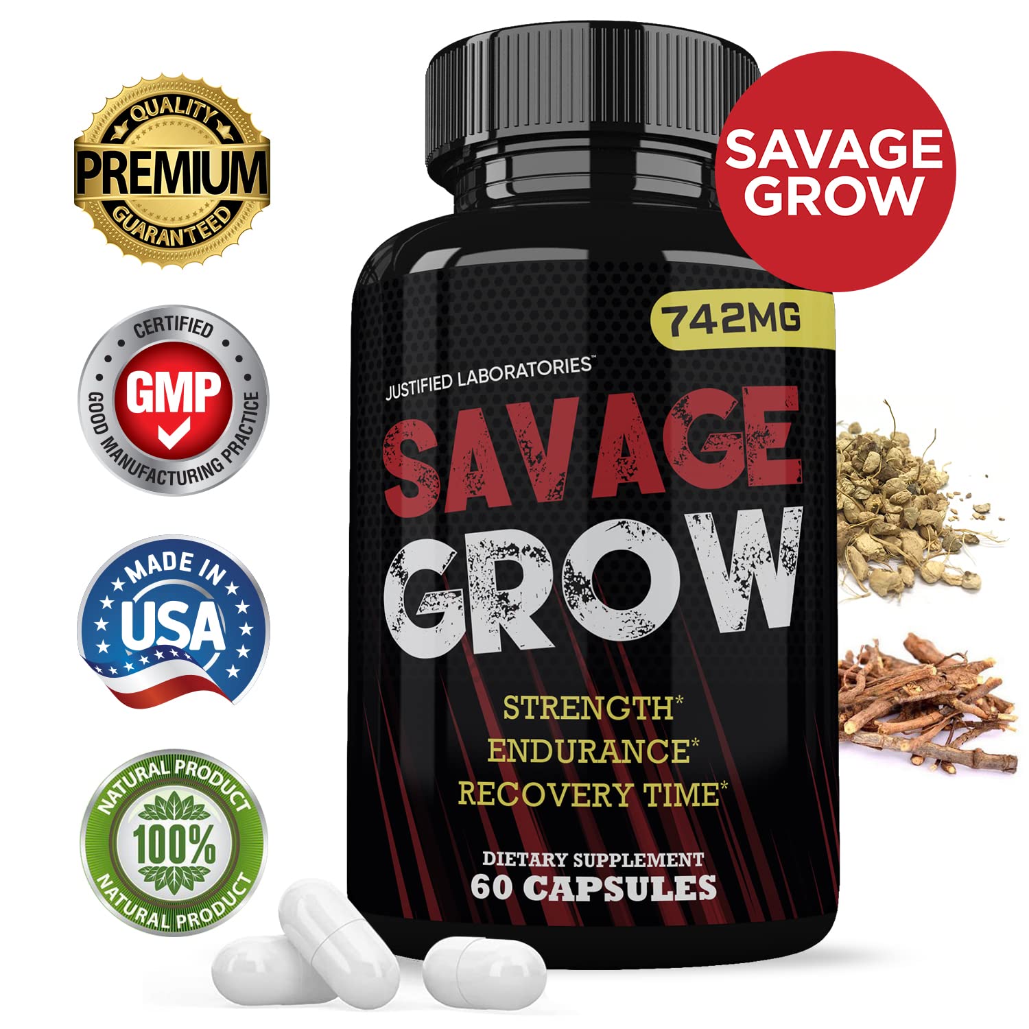 Justified Laboratories Savage Grow 742MG – etiquette lisible avec informations clés.