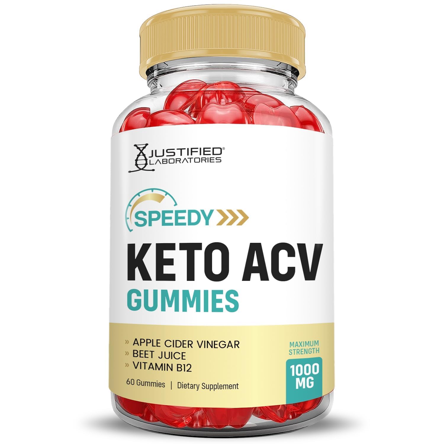 Justified Laboratories Speedy Keto ACV Gummies, vitamine B12 et folate, soutien nutritionnel possible.
