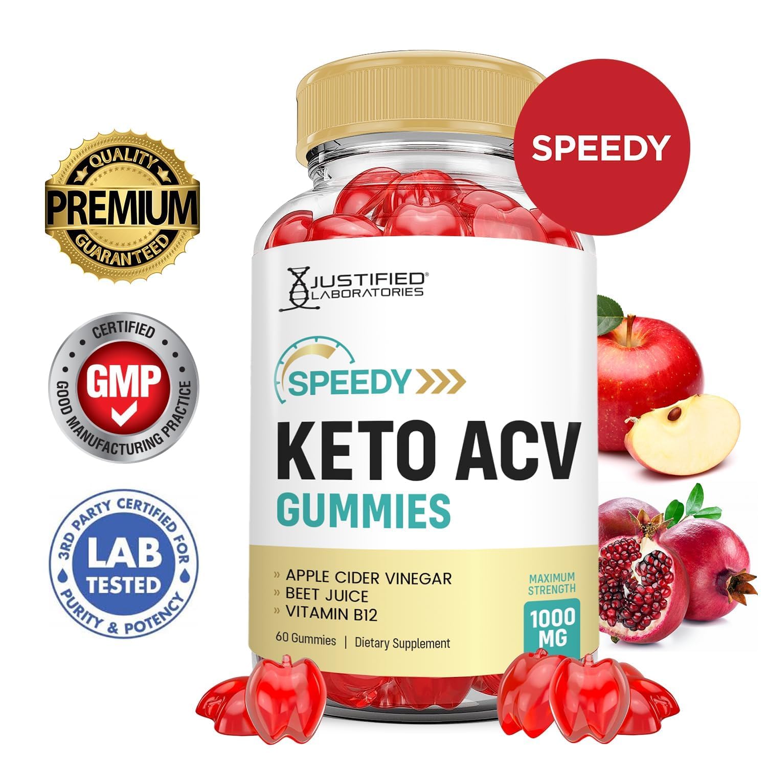 Justified Laboratories Speedy Keto ACV Gummies, gomme rouge en gros plan, goût agréable.