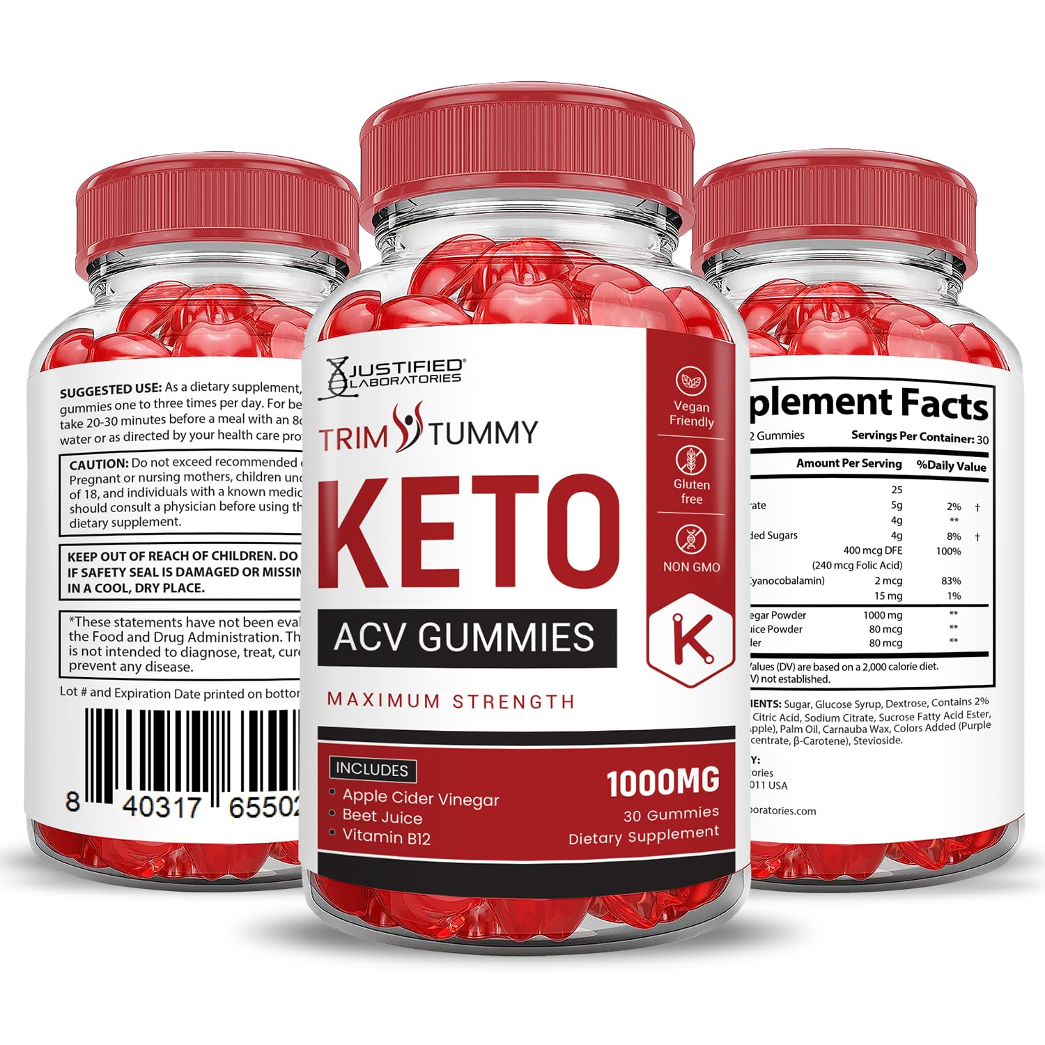 Justified Laboratories Trim Tummy Keto ACV Gummies certifiée qualité BPF et sans allergènes.