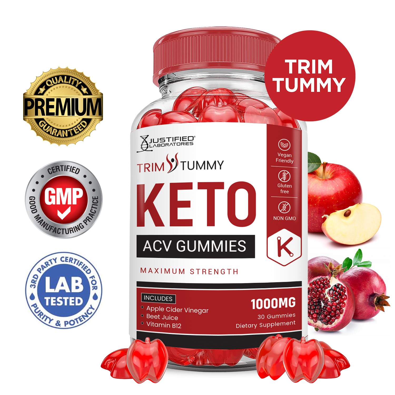 Justified Laboratories Trim Tummy Keto ACV Gummies en gros plan, saveur fruitée et texture agréable.