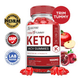 Justified Laboratories Trim Tummy Keto ACV Gummies en gros plan, saveur fruitée et texture agréable.
