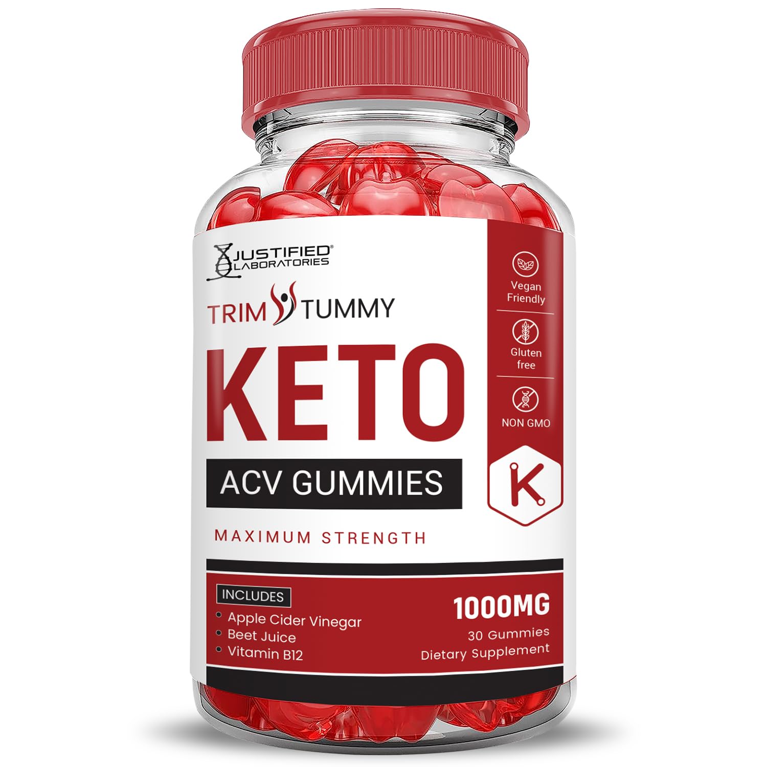 Justified Laboratories Trim Tummy Keto ACV Gummies véganes et sans OGM, adaptées à divers régimes.