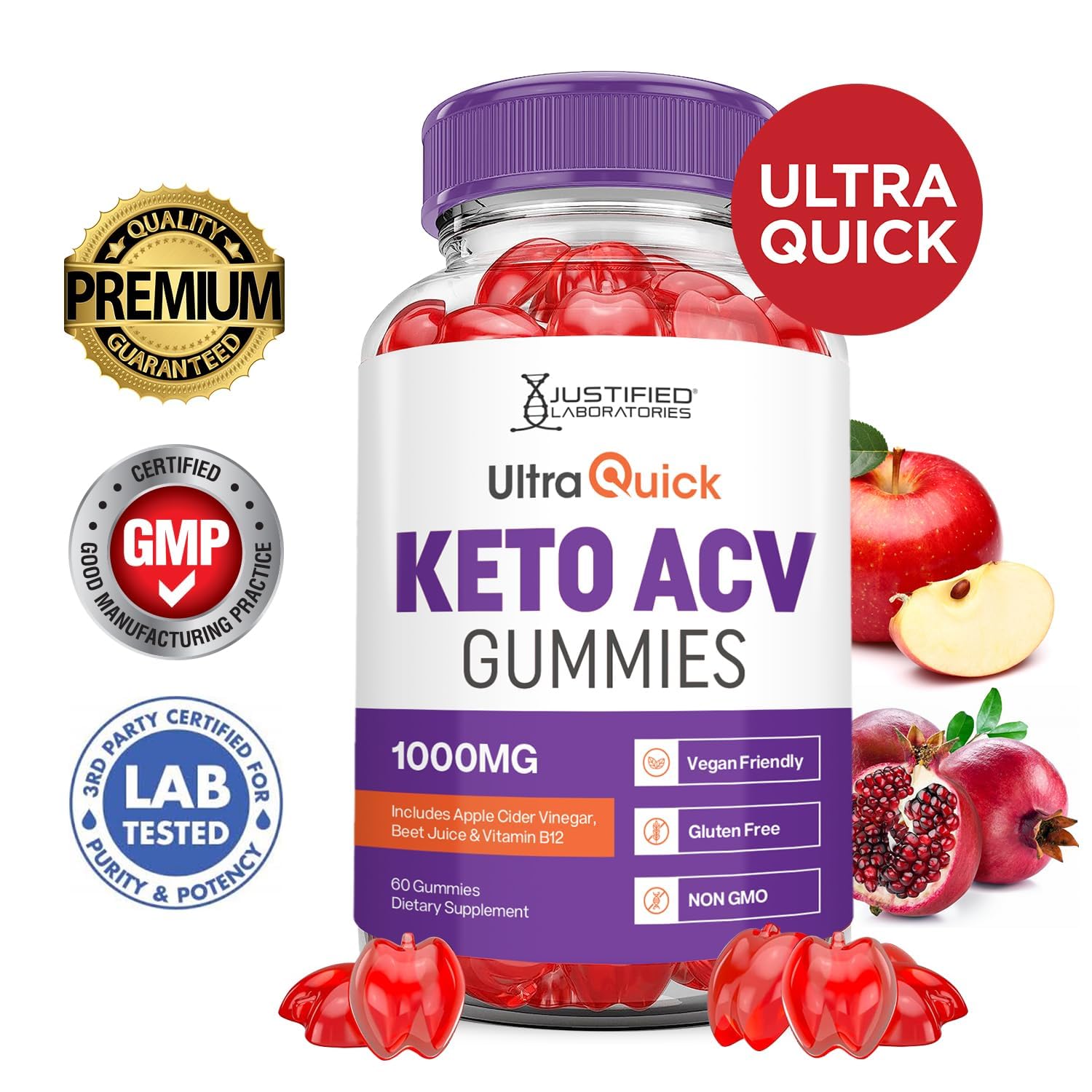 Ingrédients: poudre de grenade et betterave dans les gommes Justified Laboratories Ultra Quick Keto ACV.