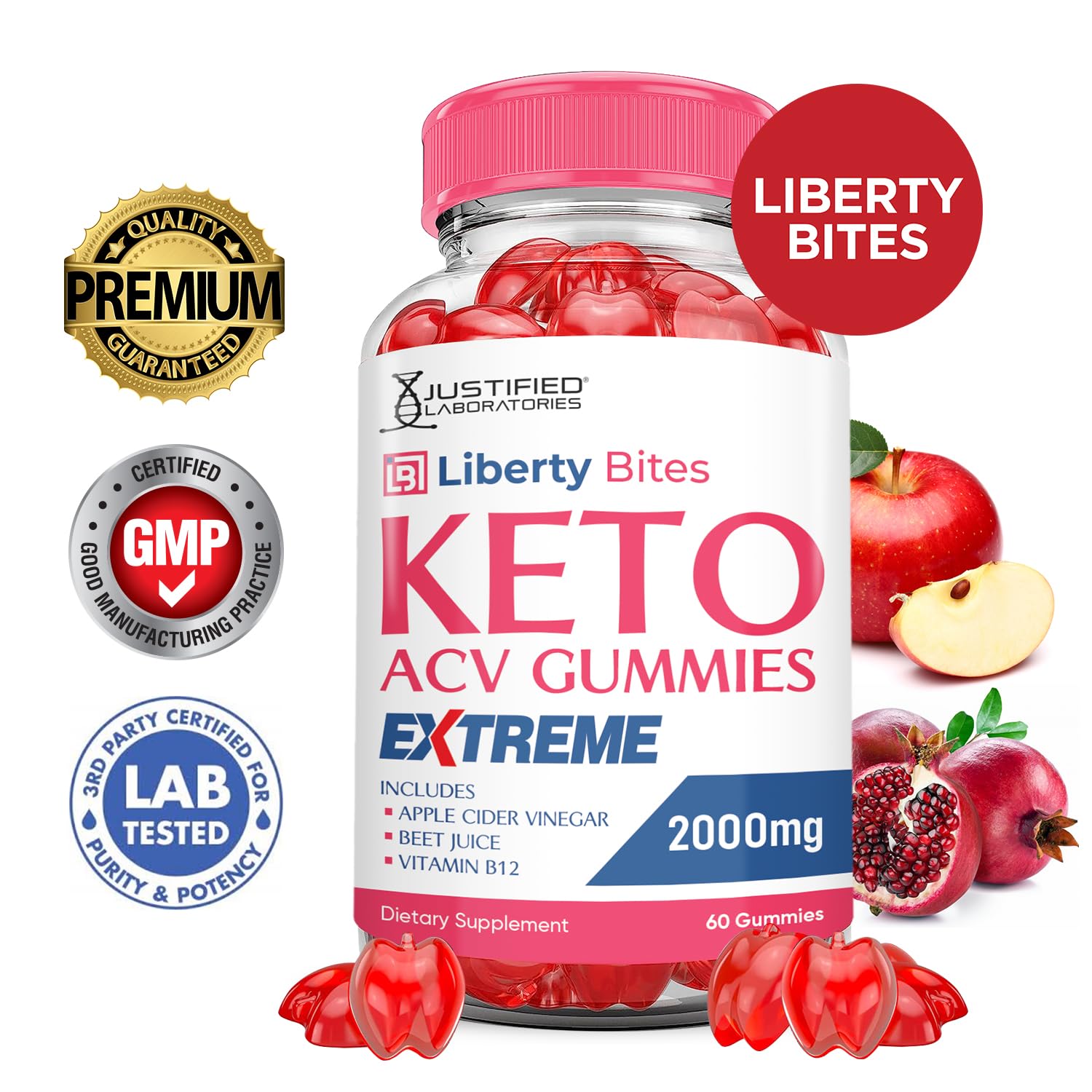 Les gommes Liberty Bites présentent betterave et B12, apportant énergie potentielle.