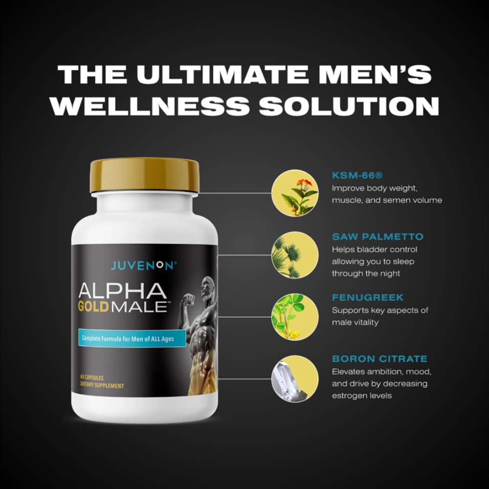Juvenon Alpha Gold ingrédients-clefs, fenugrec et ashwagandha, potentiels effets positifs.