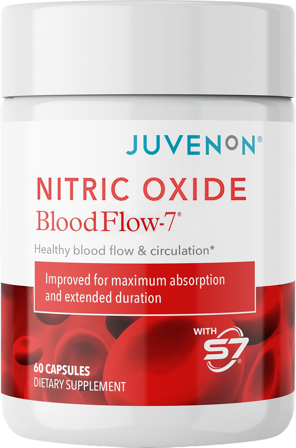 Juvenon BloodFlow-7: bouteille visible, soutien potentiel à la circulation et énergie.