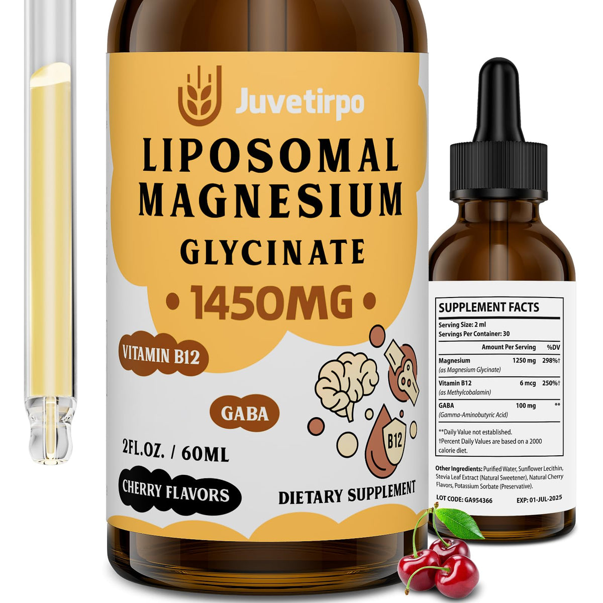 Juvetirpo magnésium glycinate gouttes, flacon cerise, facile à prendre le soir.