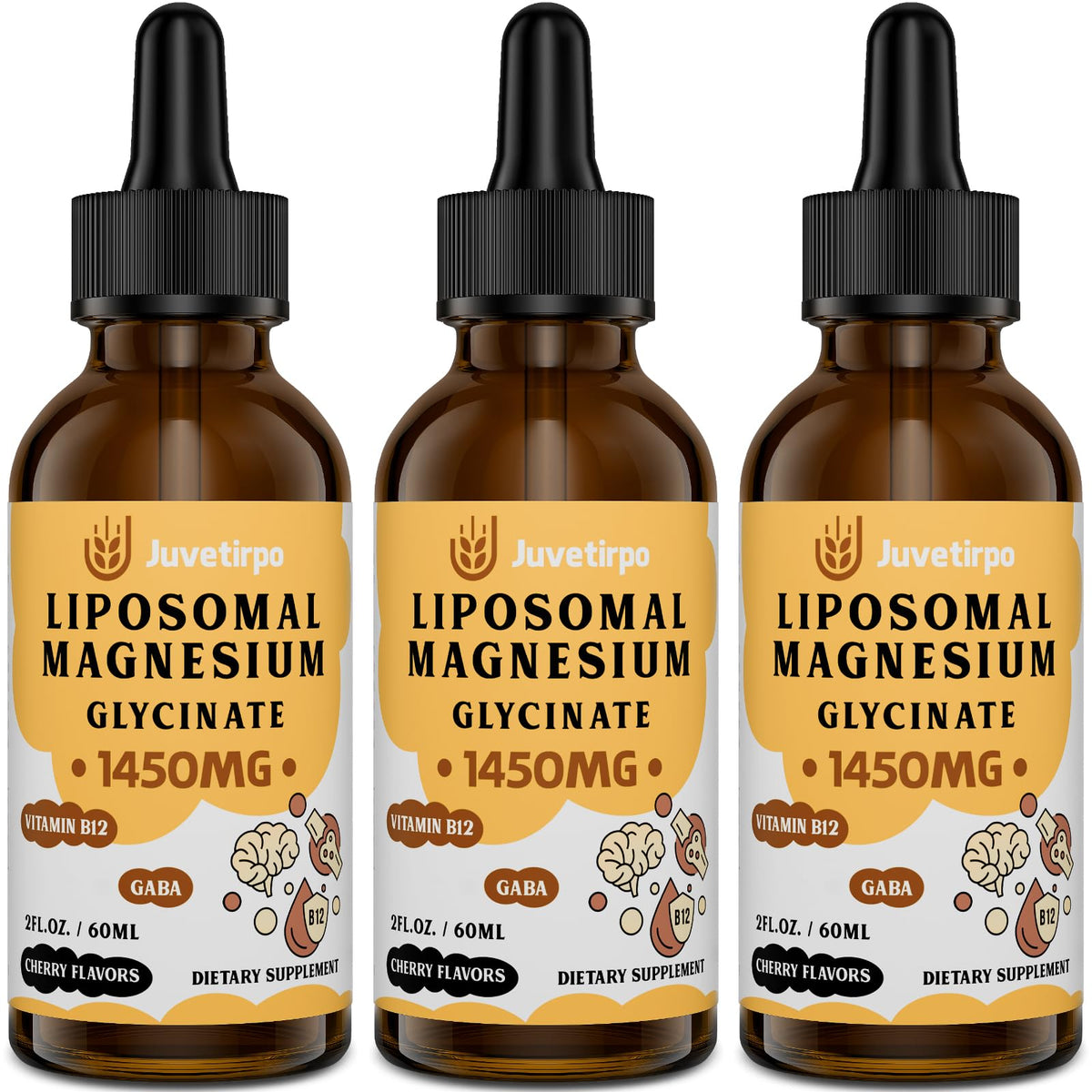 Juvetirpo Magnesium Glycinate gouttes cerise dans flacon, absorption potentielle facilitée.