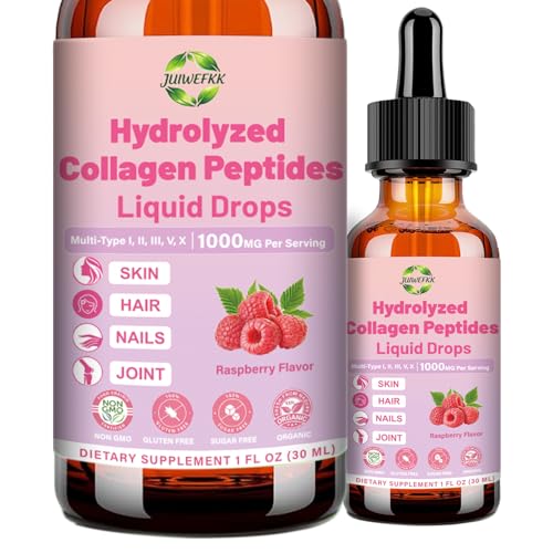 JUIWEFKK Multi Collagen Drops, bouteille framboise, pour peau hydratée et éclat durable.