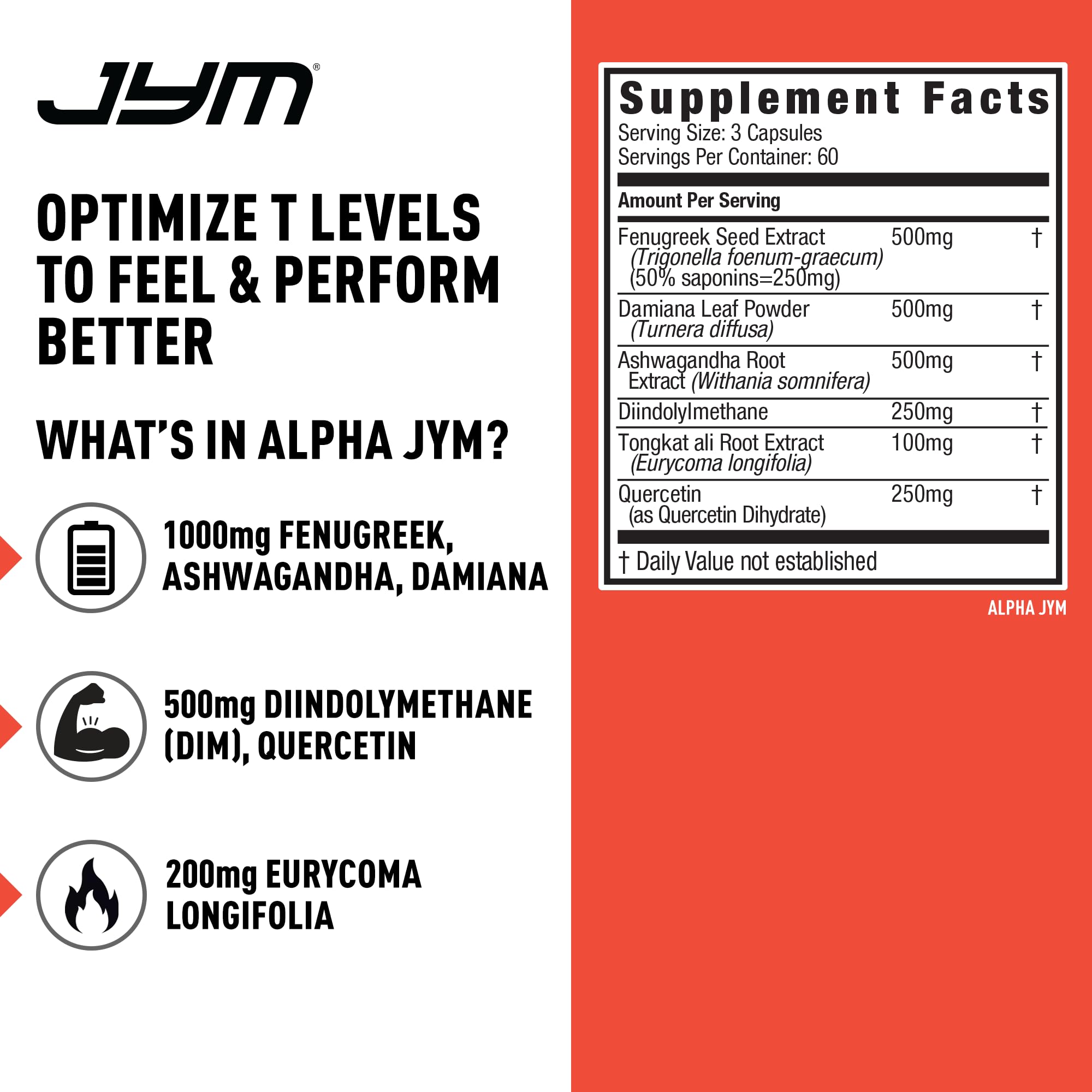 Étiquette complète d Alpha JYM montrant les actifs et le profil du produit.
