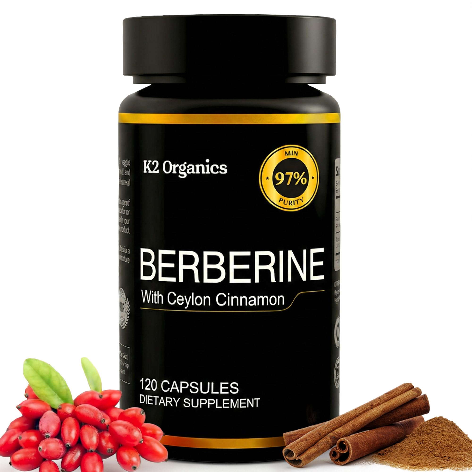 K2 Organics Berberine-Cannelle bouteille, soutien pratique pour le contrôle de l'appétit.