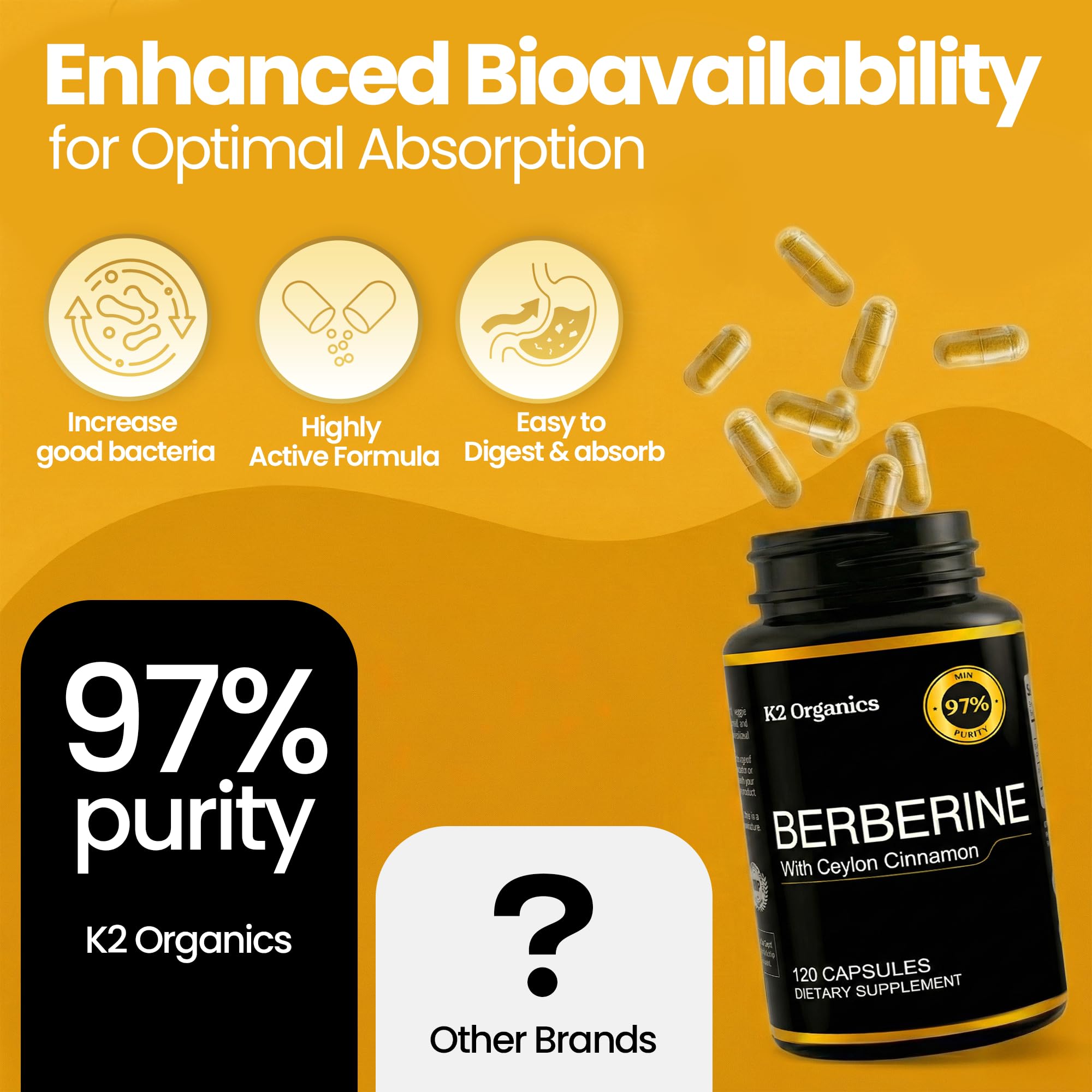 Conception d'emballage K2 Organics Berberine, clair et durable.