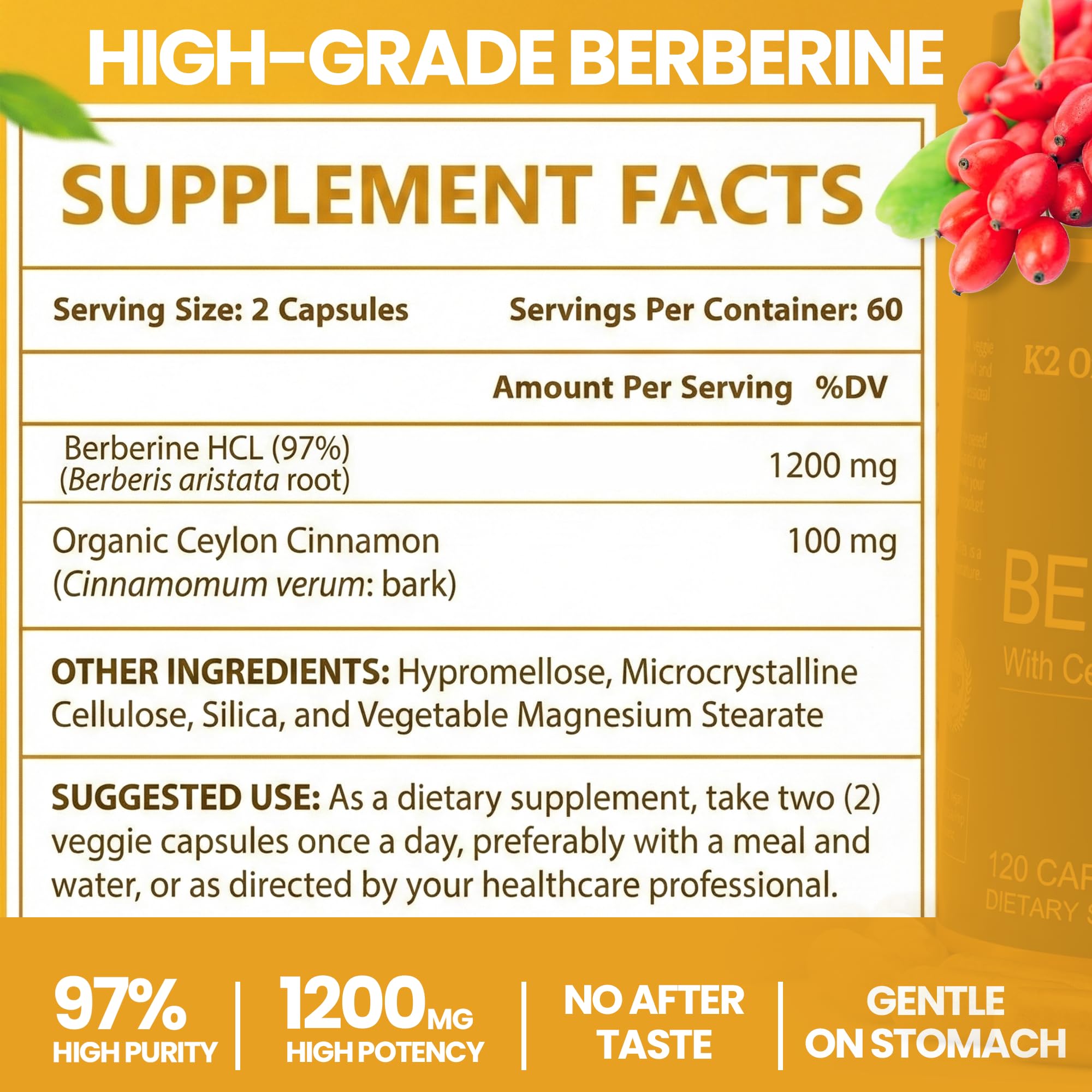 Gélules Berberine HCL K2 Organics, faciles à avaler pour un apport quotidien.