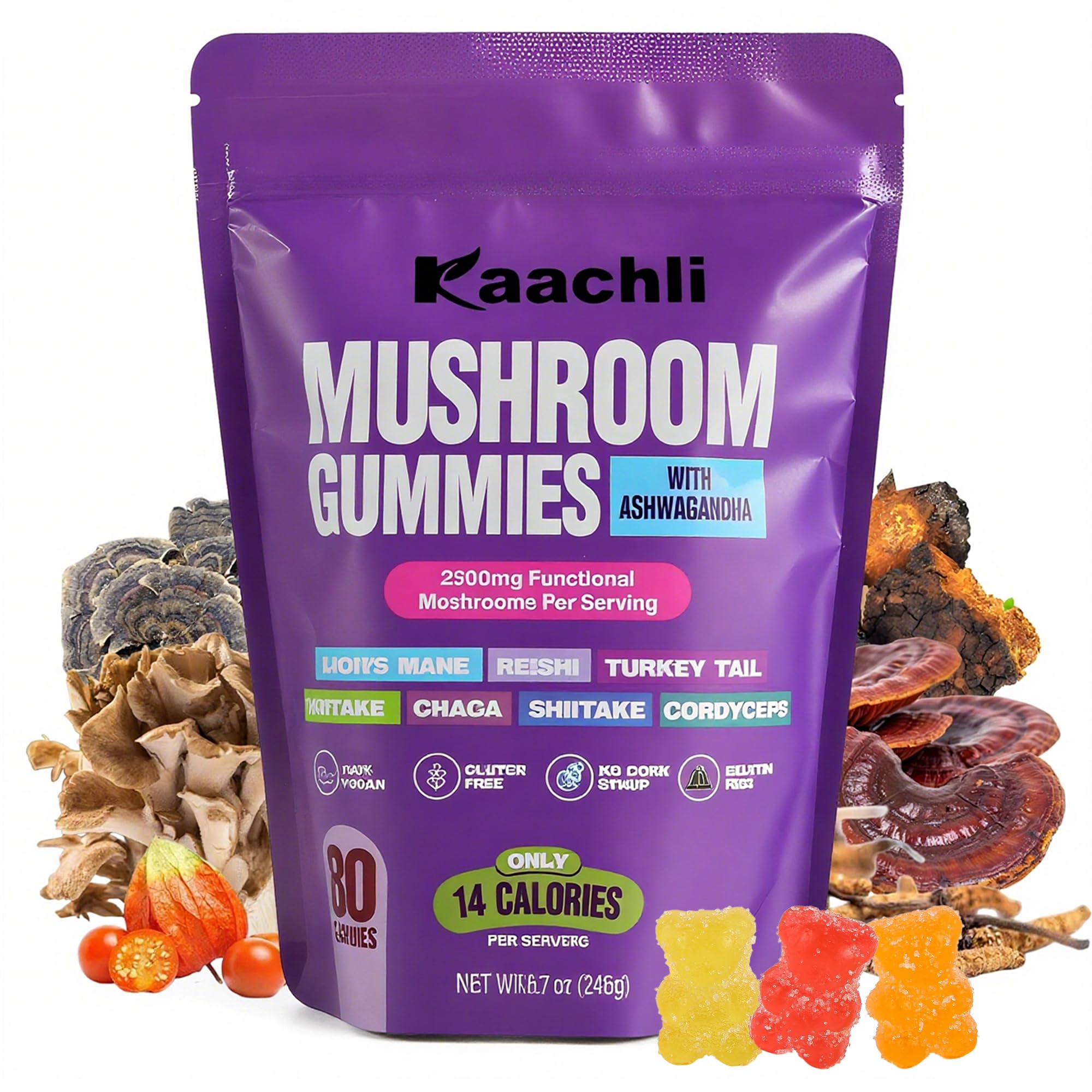 KAACHLI gommes Ashwagandha et champignons sur table, booster potentiel de concentration.