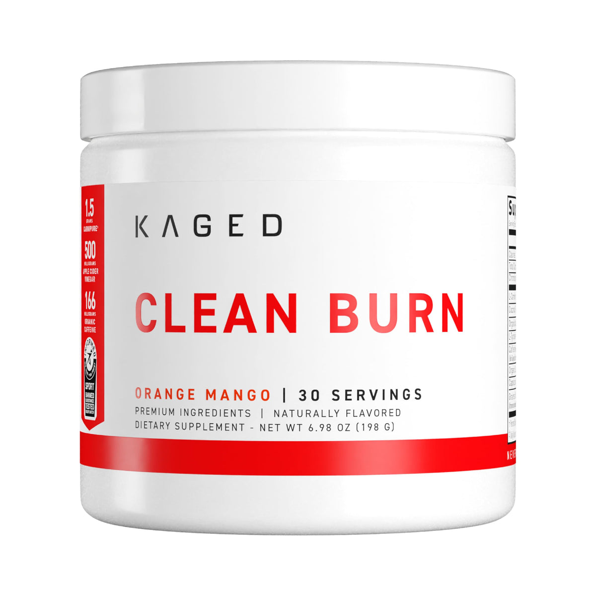 Kaged Clean Burn sur la bouteille et l'étiquette orange, énergie durable pour vos entraînements.