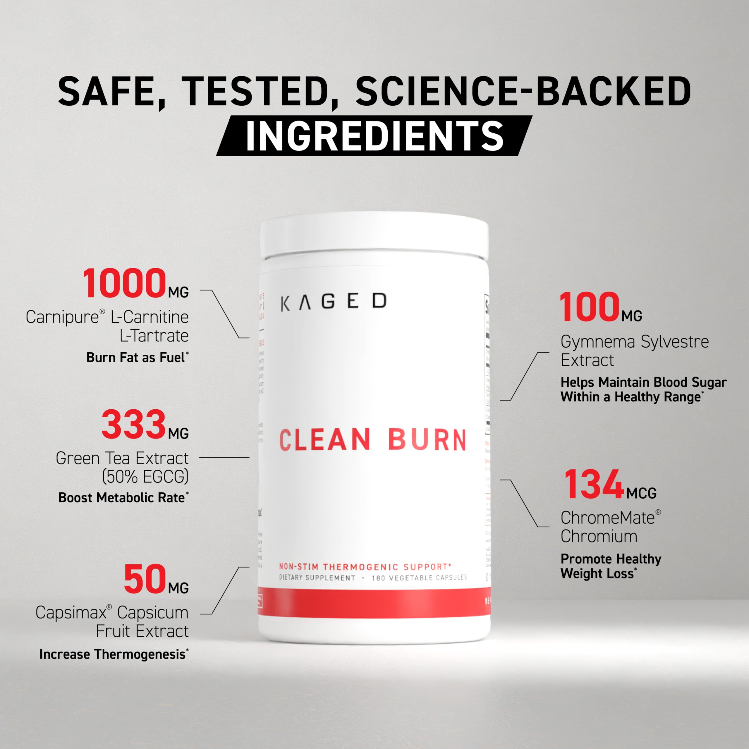 Kaged Clean Burn ingrédients Capsimax et EGCG pour une thermogenèse potentielle