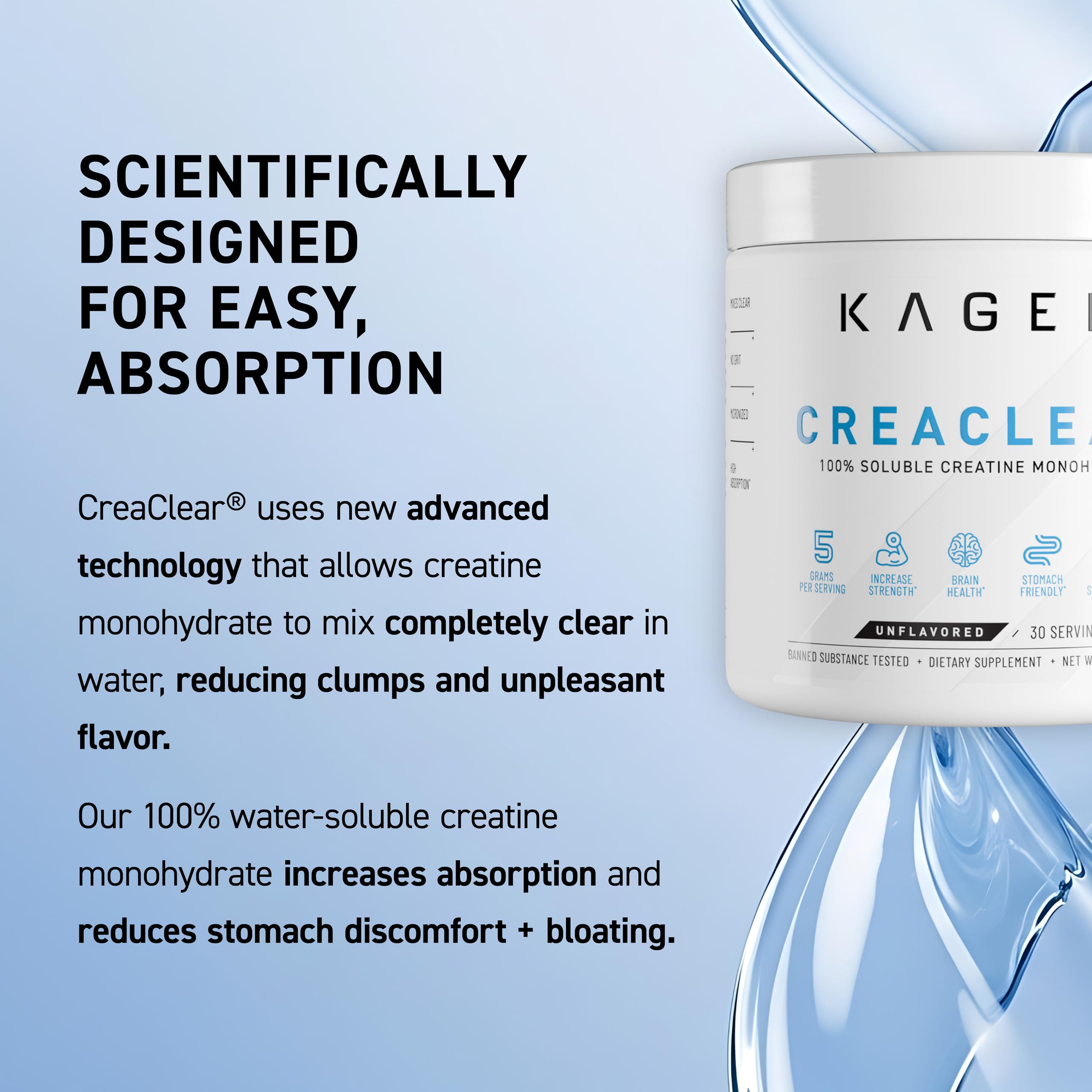 Kaged CreaClear: dissolution claire dans l eau pour une prise rapide.